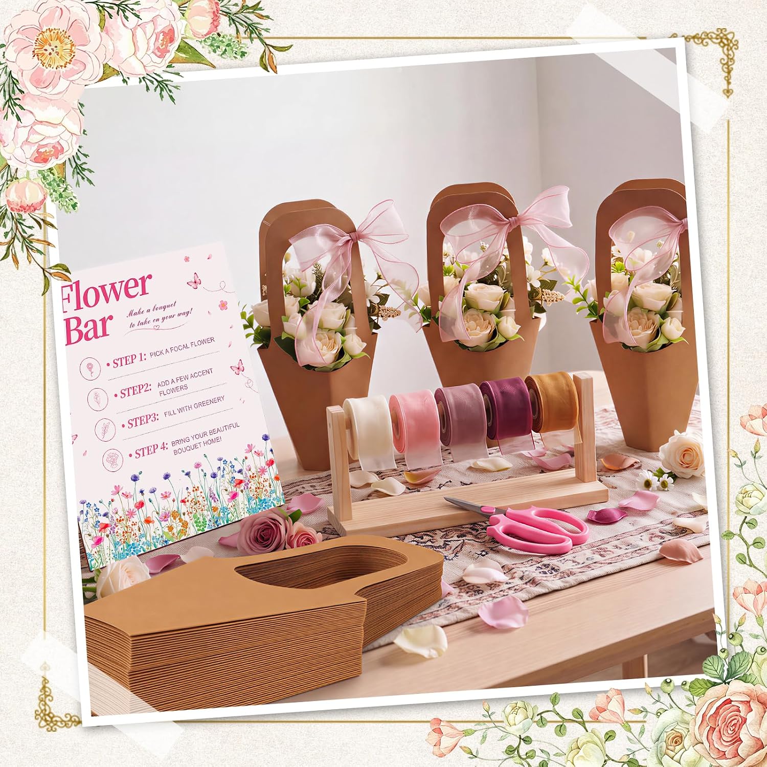 62 Pcs Flower Bar Supplies Kit, Bouquet Wrapping Paper, Bags & Ribbon image 4