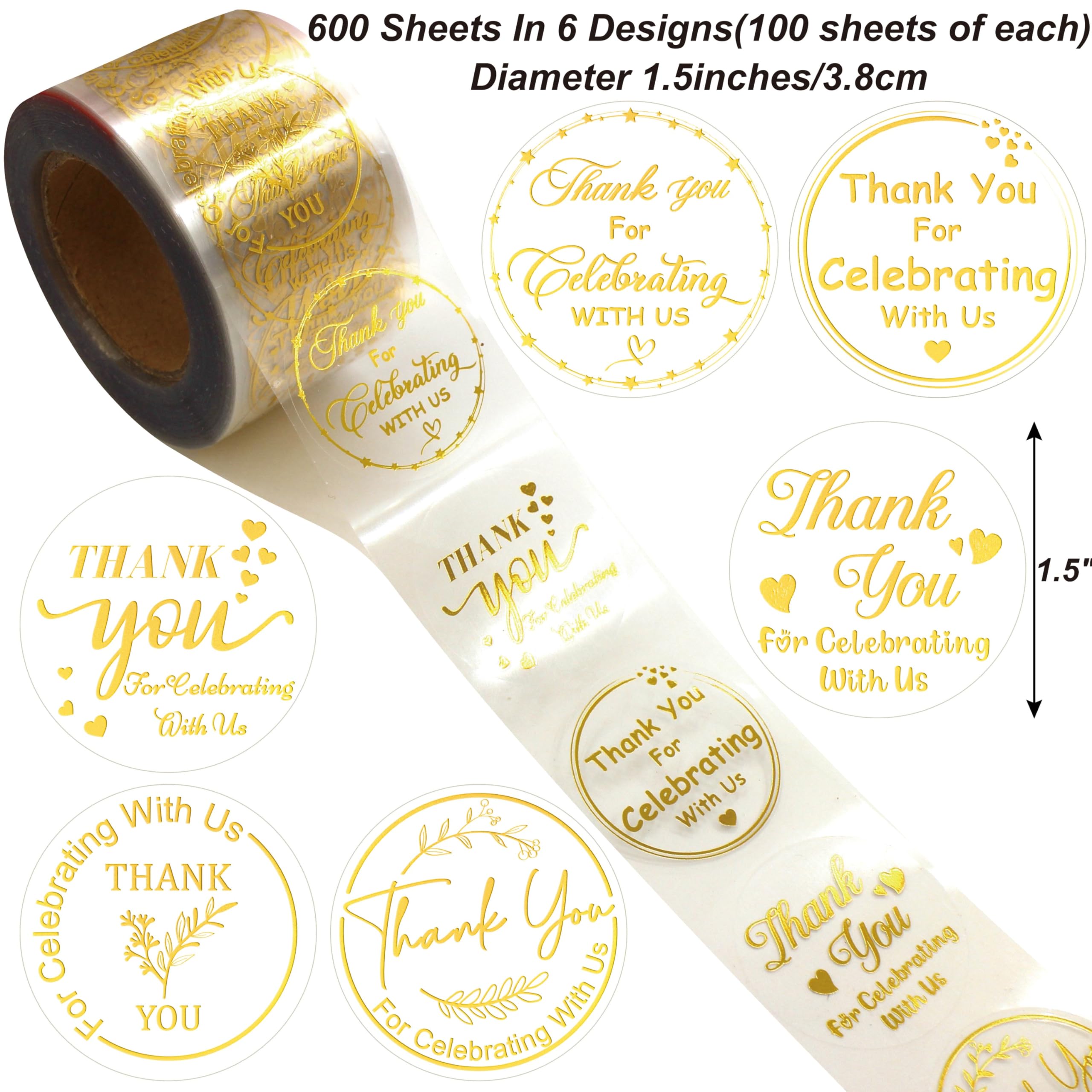 Masper Thank You for Celebrating with Us Stickers 3.8 cm, 600 Sheets, 6 Waterproof Transparent Gold Foil Shiny Designs - Image 2