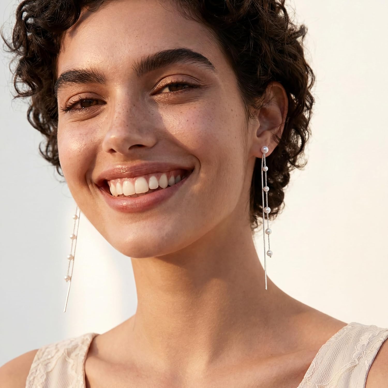 SLUYNZ Solid 925 Sterling Silver Simulated Shell Pearl Dangle Earrings for Women Teens - Elegant Long Chain Tassel Wedding Earrings