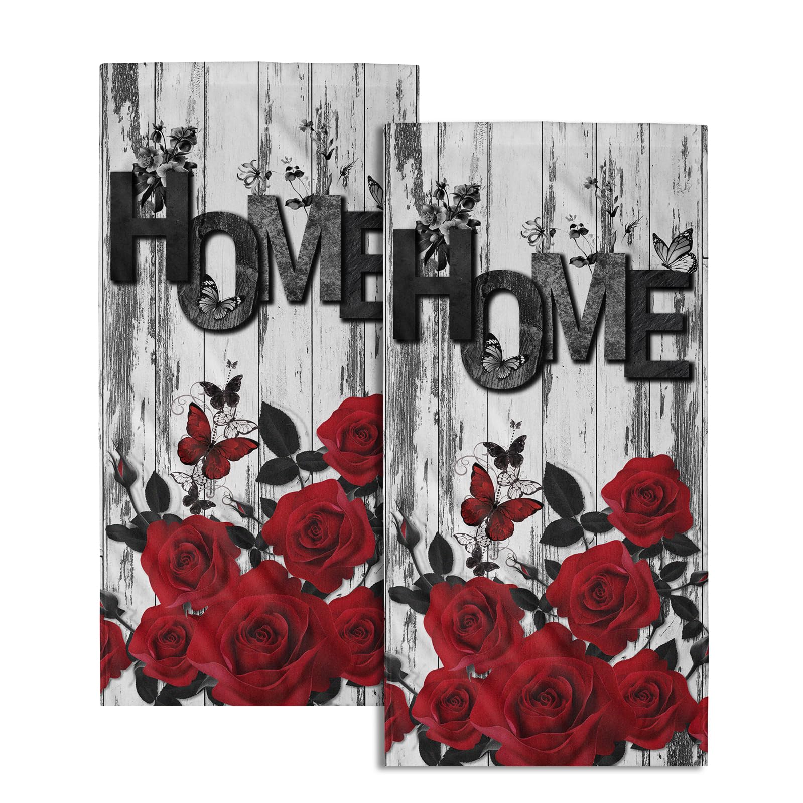 Giwawa Red Rose Hand Towels Set of 2 Romantic Floral Decorative Bath Towel Soft Guest Towel Absorbent Drying Cloth Thin Kitchen Tea Dish Towels
