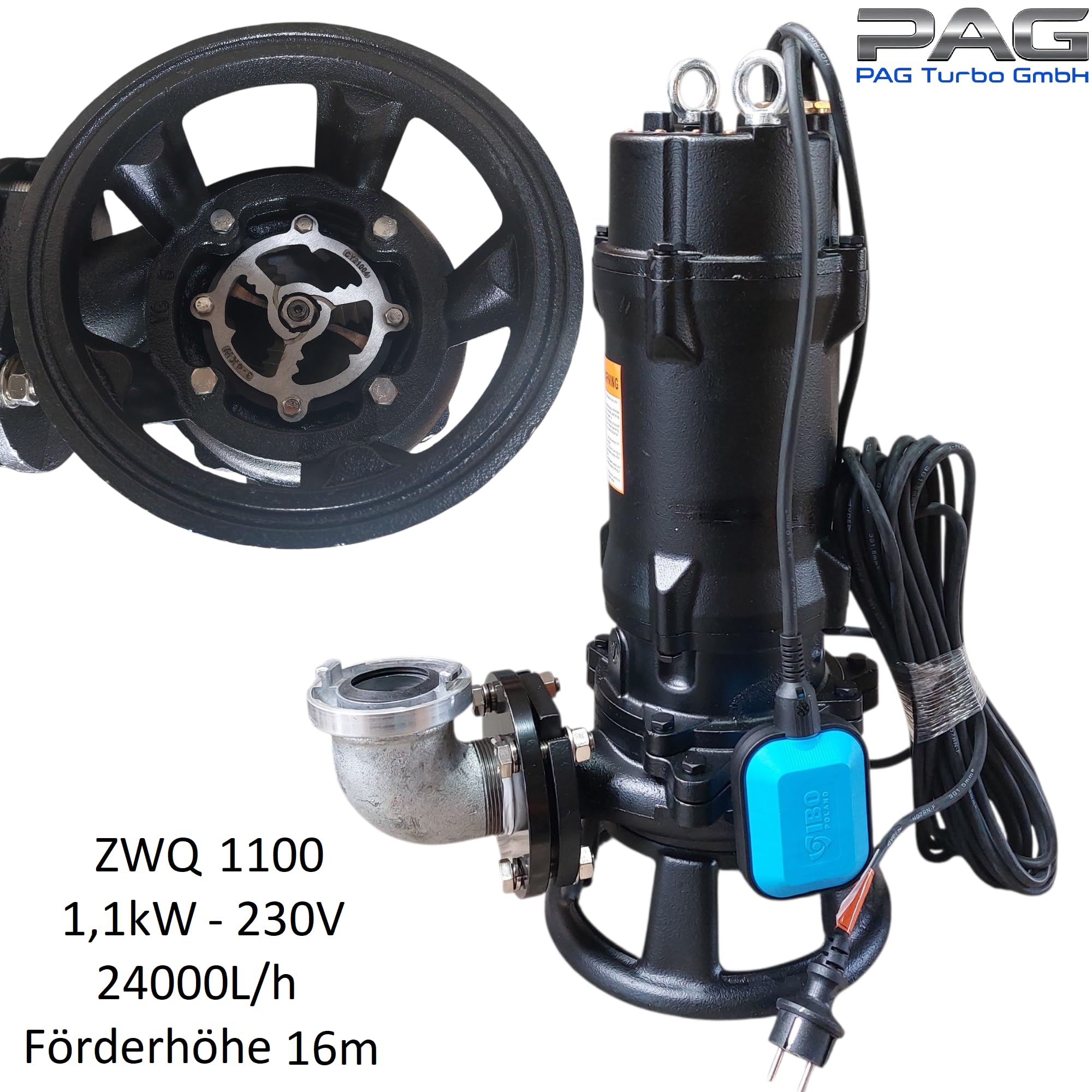 Industrie Fäkalienpumpe Schmutzwasserpumpe mit Schneidmesser ZWQ1100-1,1kW - 230V - 24000L/h