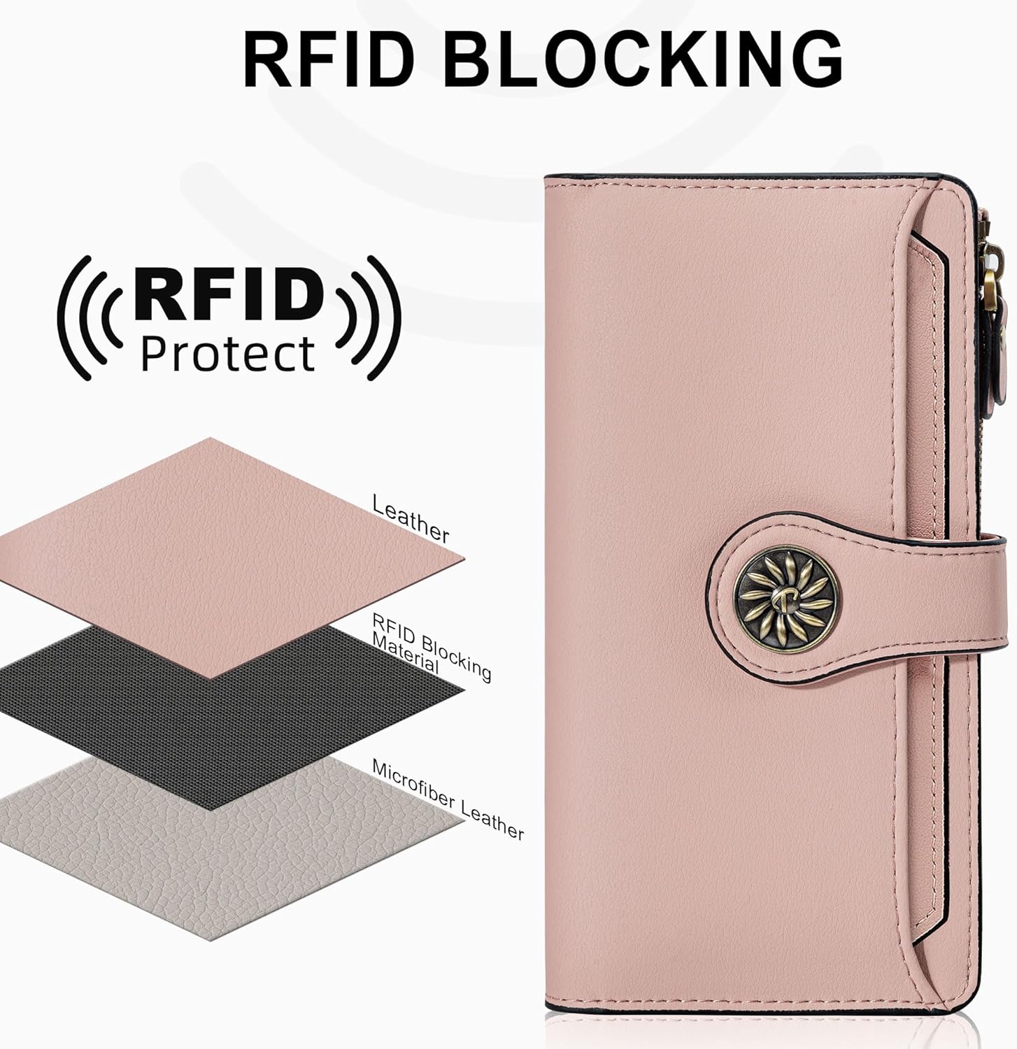 Travelambo Wallets Women RFID Large Capacity Luxury Waxed Leather Clutch Wallet Multi Card Organizer(Light Purple + Champagne Pink)