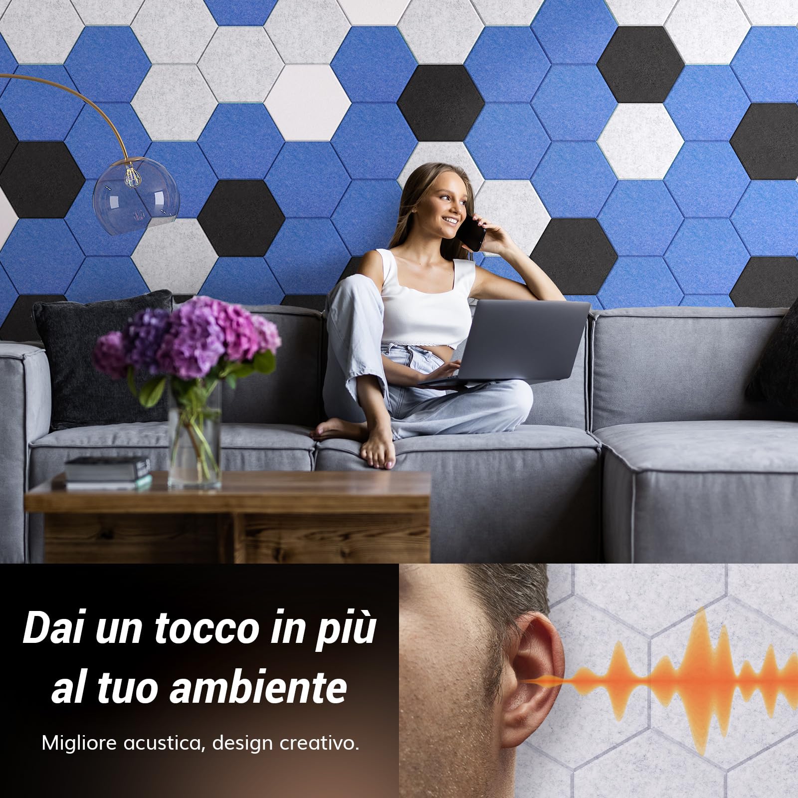 TONOR 48 Pezzi Pannelli Fonoassorbenti Adesivi, 30 X 26 X 1cm Pannelli Acustici Ad Alta Densità, Pannello a muro 3D Fonoassorbente Esagonale, Insonorizzazione Stanza Per Studio, Da Letto,Grigio Chiaro