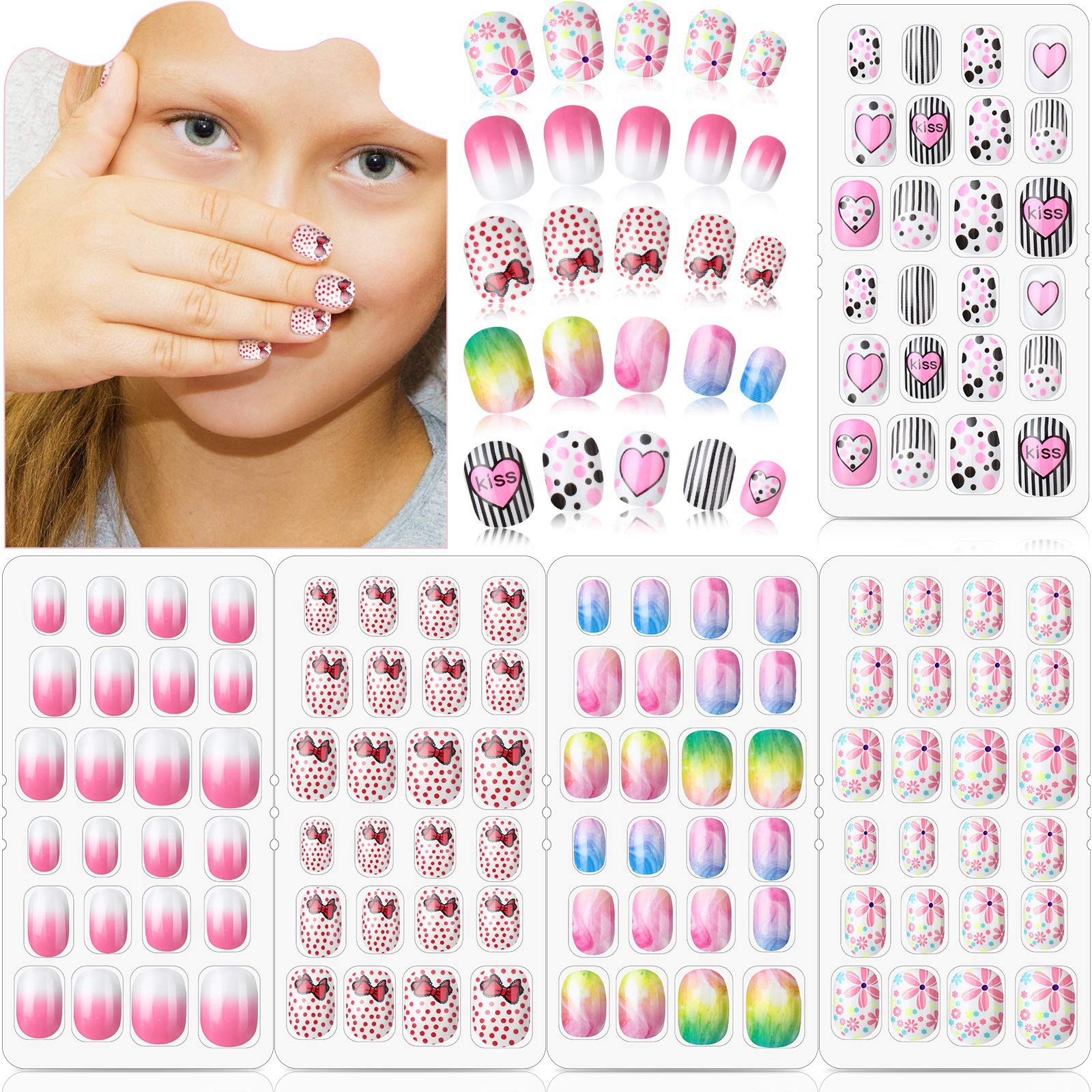 Maitys 120 Pieces Kids Press on Nails Children Fake Nails Artificial Nail Tips Girls Full Cover Short False Fingernails for Girls Kids Nail Decoration (Sweet Pattern)