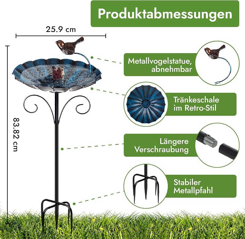 DAAS24 2 az 1-ben madárfürdő és etetőállomás, 26 cm tál, 83 cm állvánnyal, téli használatra
