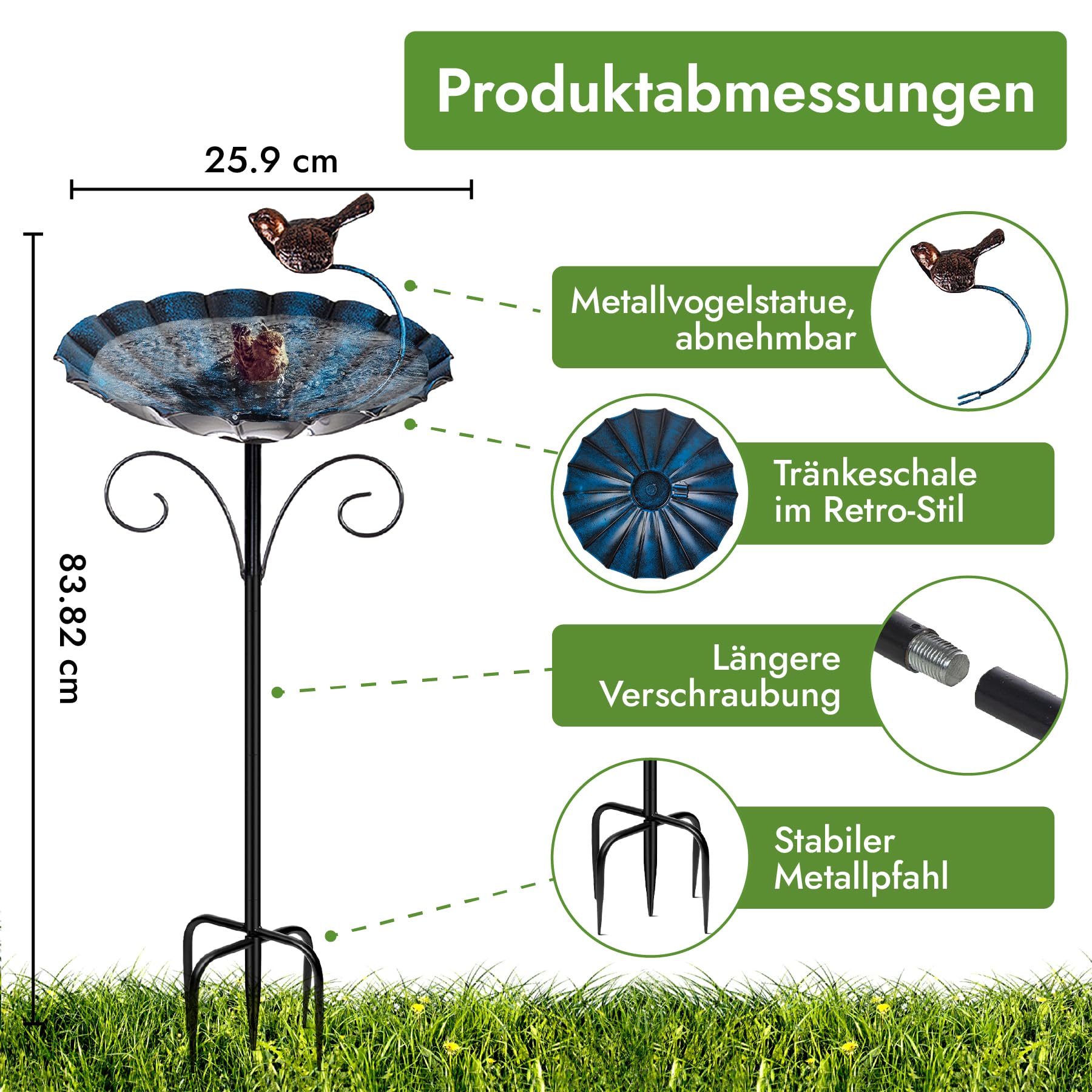 Bain d'oiseaux et mangeoire 2 en 1 – Bain d'oiseaux résistant au gel, bol de 26 cm, support de 83 cm, abreuvoir pour oiseaux debout, mangeoire pour oiseaux, bain pour oiseaux résistant à l'hiver