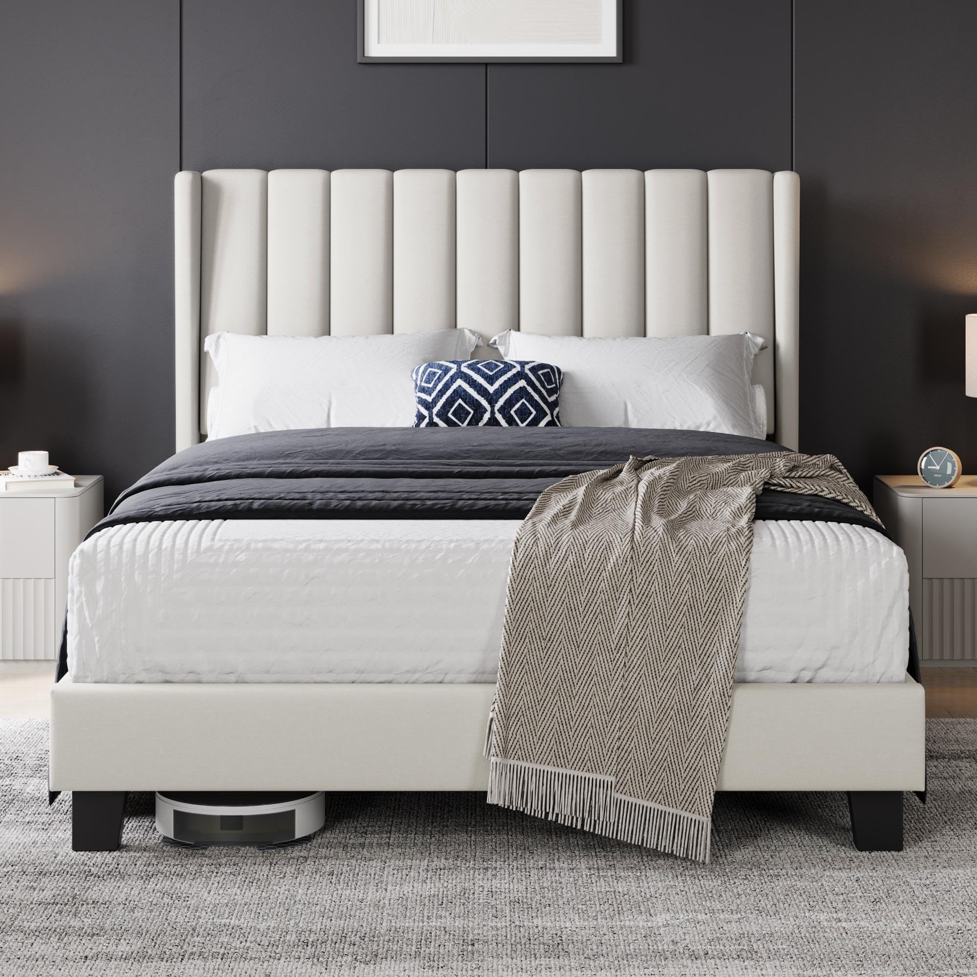 Yaheetech Double Bed Frame, Upholstered Platform Bed with Channel Tufted Headboard & Wing Side, Wood Slat Support, Mattress Foundation, No Box Spring Needed, Noise-free, 4ft6 Double Bed Beige