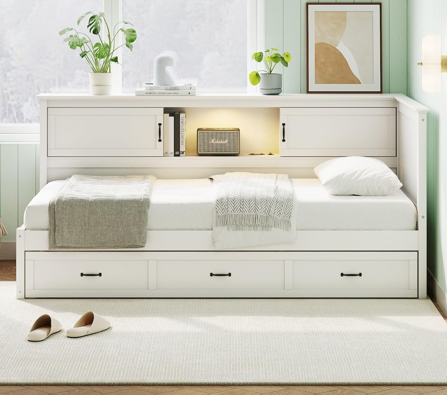 Merax Full Size Corner Bed Frames with Storage Drawers, Bookcase, Charging Station, Led Downlight, Wooden L-Shaped Captain Daybed Platform for Small Room, Bedroom, Guest Room, Kids'Room, White