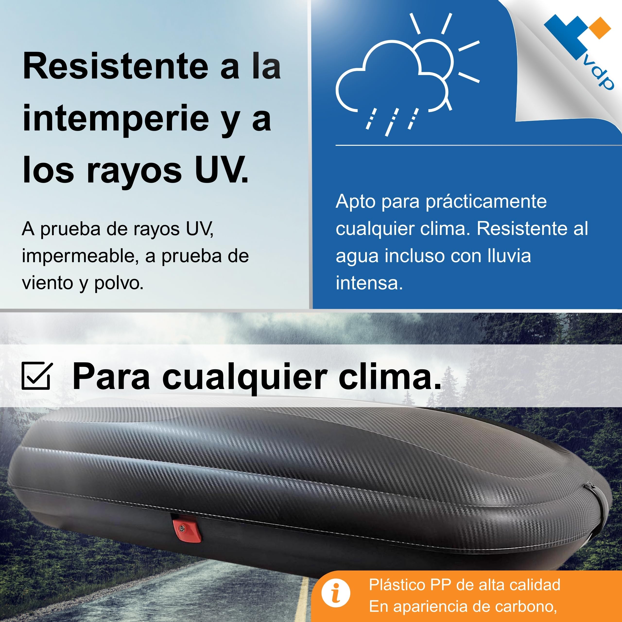 Baúl de techo de coche en polipropileno, característica de “fibra de carbono”, hecho con moldeo por inyección, ya montado, dimensiones 1320 x 778 x 345 mm h