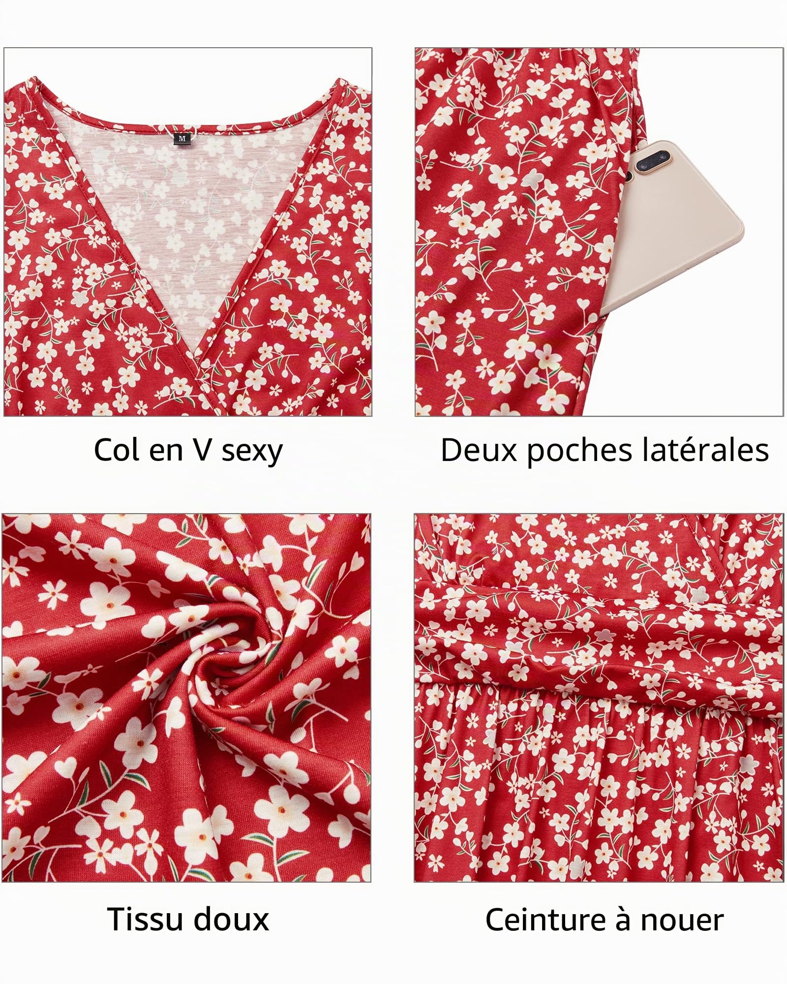 STYLEWORD Robe d'été à Manches Courtes pour Femme Robe d'été à col en V Floral Wrap Taille Robe décontractée avec Poches