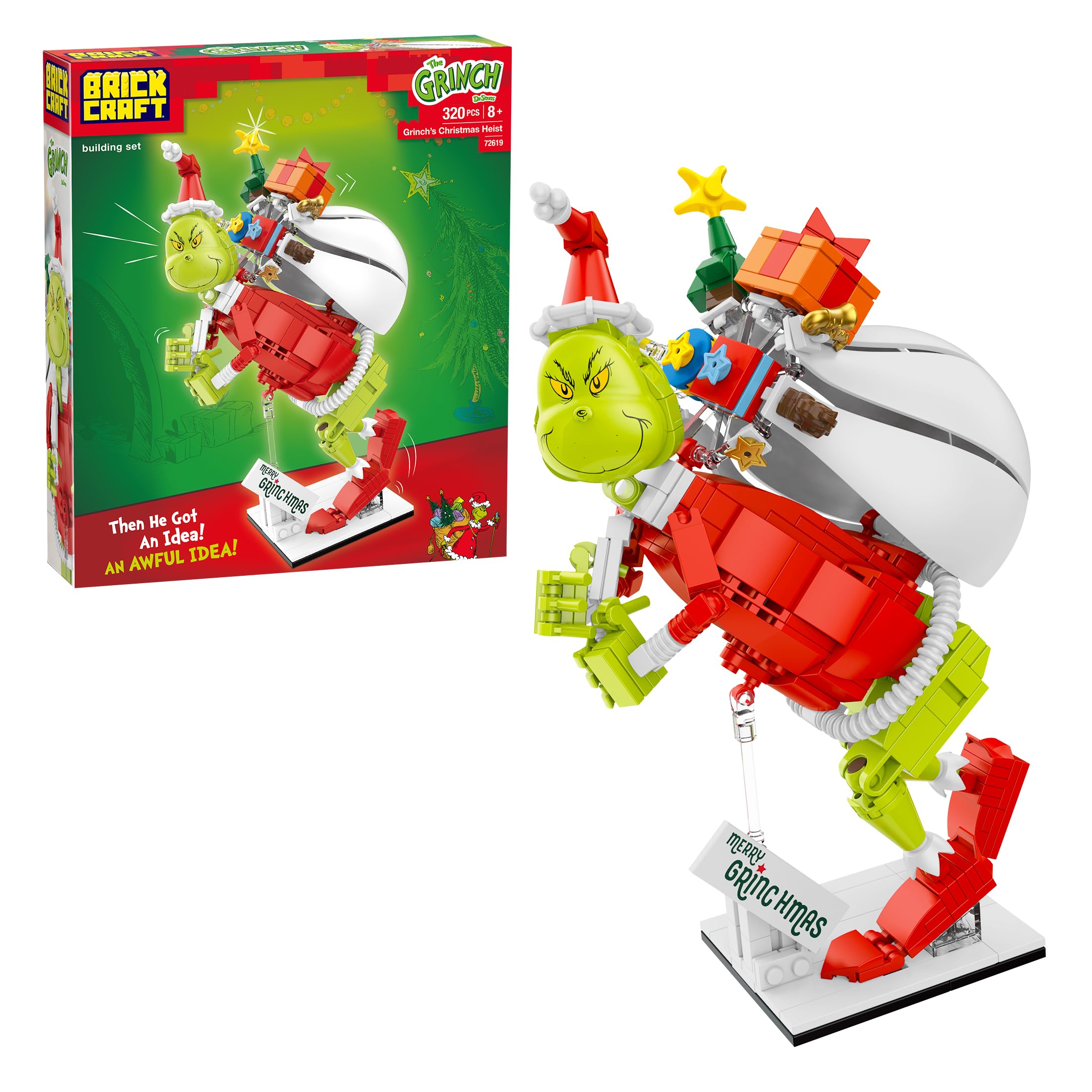 Brickcraft Dr. Seuss The Grinch's Christmas Heist Building Set (320 Pieces), Posable Grinch Figure with Gift Sack, Dr. Seuss Whoville Holiday Collectible, Xmas Gift for Adults & Fans