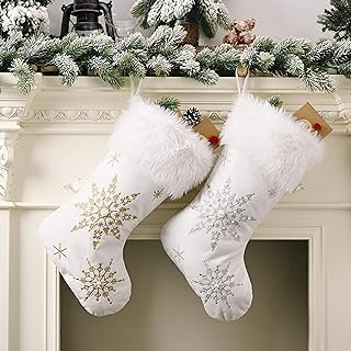 Dehinyen White Christmas Stockings 2 Pack, Family Stockings Christmas 18” Large Christmas Stockings with Plush Faux Fur Cuff (Silver/Gold Snowflake Embroidery) Giant Xmas Stockings Hanging Stockings