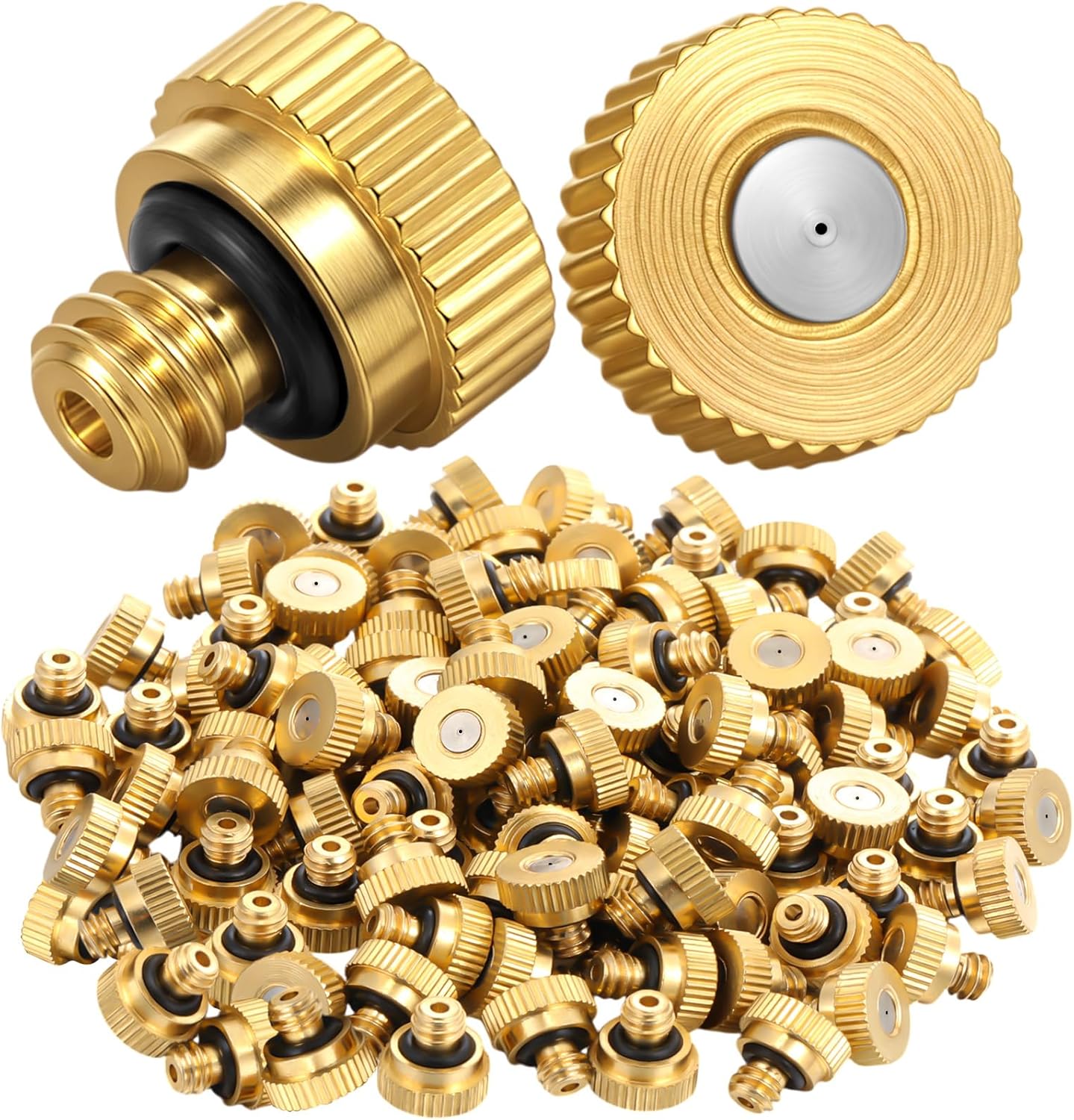 Zhengmy 100 Pcs 0.8mm Brass Misting Nozzles, Mister Nozzles Brass for Outdoor Cooling System Orifice 10/24 UNC Replacement Heads for Outdoor Cooling System
