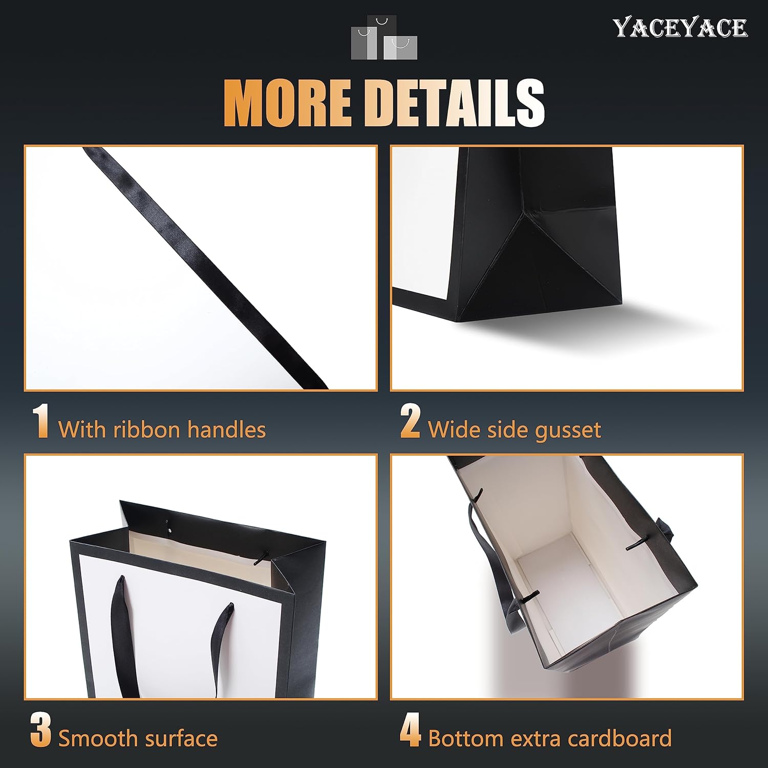 YACEYACE Black and White Gift Bags with Tissue Paper, 20pcs 8"x10"x4.25" Medium Bags, Elegant for Boutique, Retail, Party - Image 4