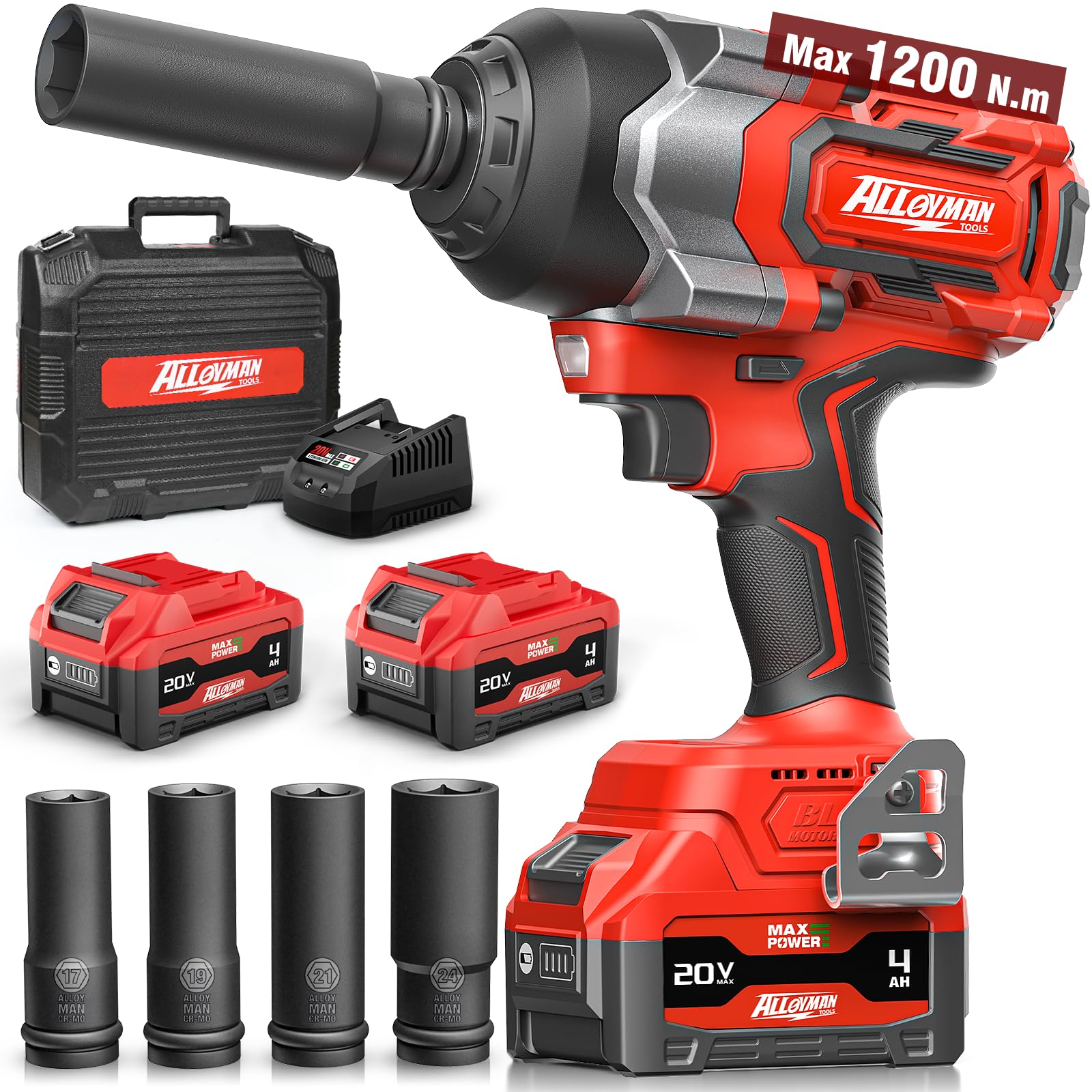 Alloyman 電動インパクトレンチ 強力 1200N.m 1/2"トルクレンチ ブラシレスモーター 4.0Ah大容量バッテリー2個セット 20V 自動停止モード 無段変速 正逆転切替 LEDライト付き コードレス 充電式インパクトレンチ タイヤ交換 自動車の修理 ナットの締め付け ボルトの緩み レッド