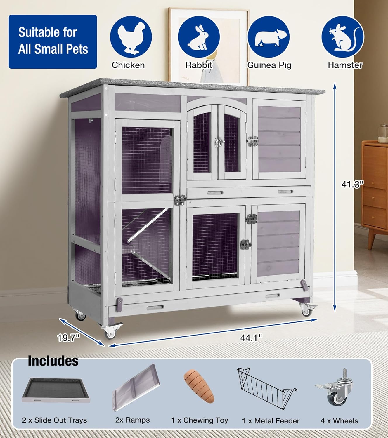 2-Story Rabbit Hutch with Wheels, Bunny Cage with Two Deepened Leak-Proof Trays, Indoor Outdoor Guinea Pig Cage with Waterproof Asphalt Roof - Grey