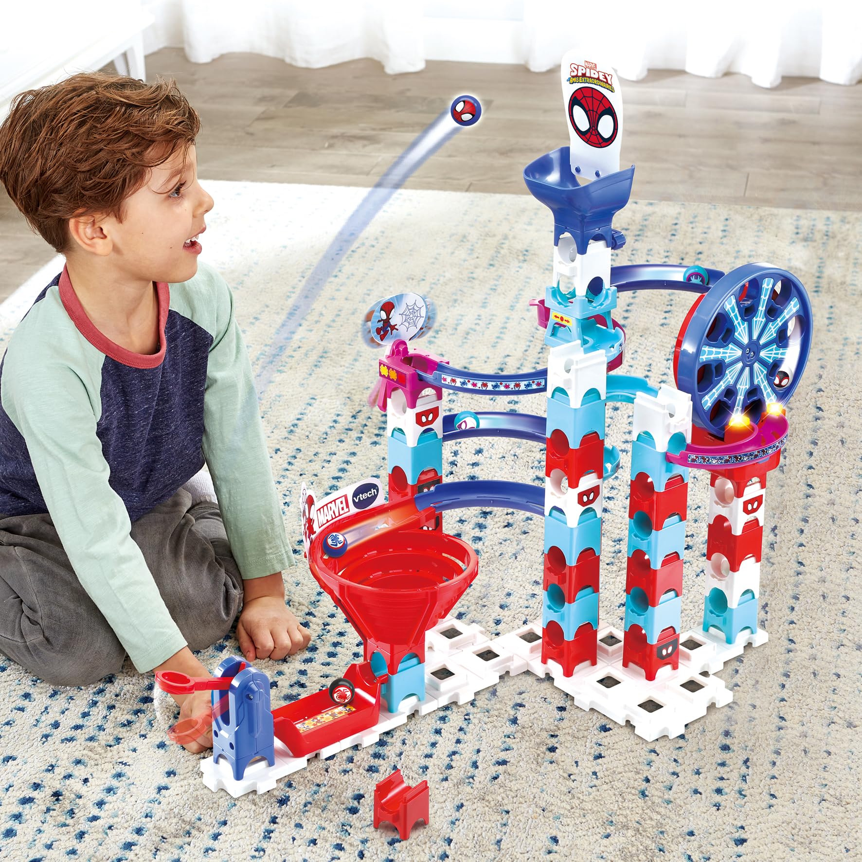 VTech - Marble Rush Spidey Challenge, Circuito de canicas Interactivo y Juguete de construcción, 65 Piezas, 6 canicas Personalizadas, Regalo para niños +4 años, Contenido en Español