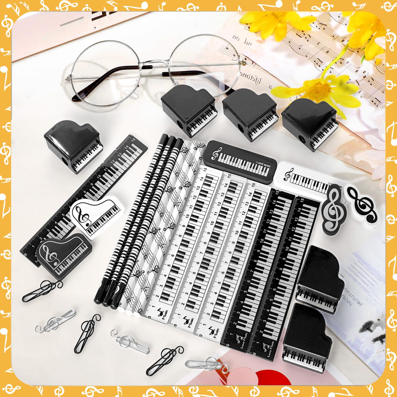 Juego de 30 piezas de papelería para fiestas musicales, incluye notas musicales, lápices, borradores, clips de papel, reglas de piano y sacapuntas para estudiantes, profesores, regalos de regreso a