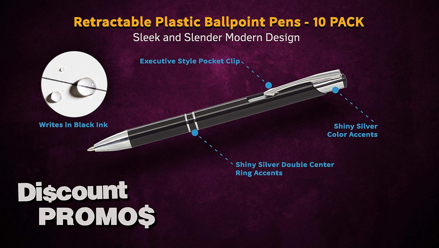 DISCOUNT PROMOS 10 Retractable Plastic Ballpoint Pens Pack - Slim barrel, click action - Black