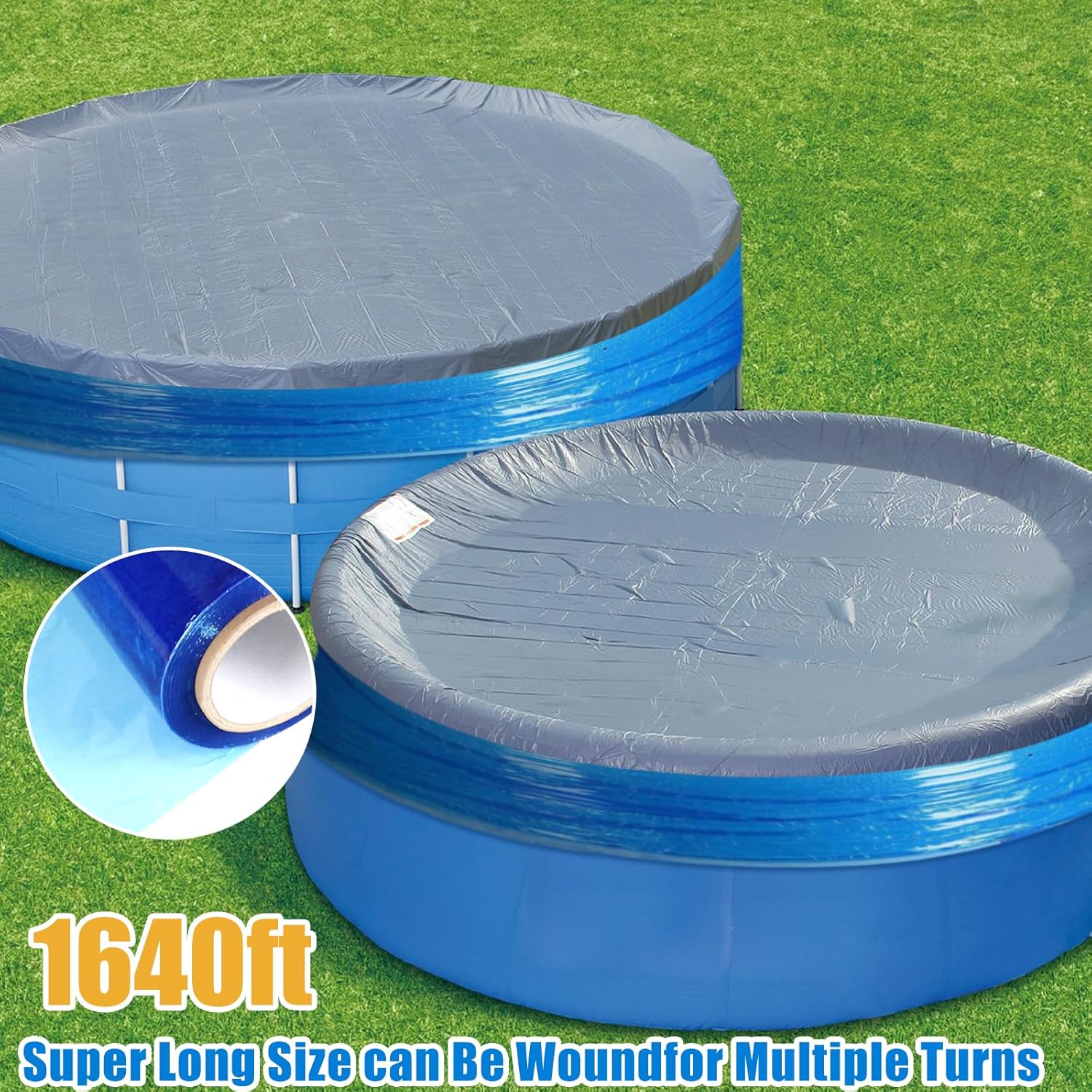 Winter Cover Sealer for Above Ground Pool Covers - Ultra Long 16'' × 1640ft for Above Ground Windproof Stretchable, PE Airtight Anti-UV Pool Cover Saver Wrap for Keeps Swimming Pool Clear - Blue