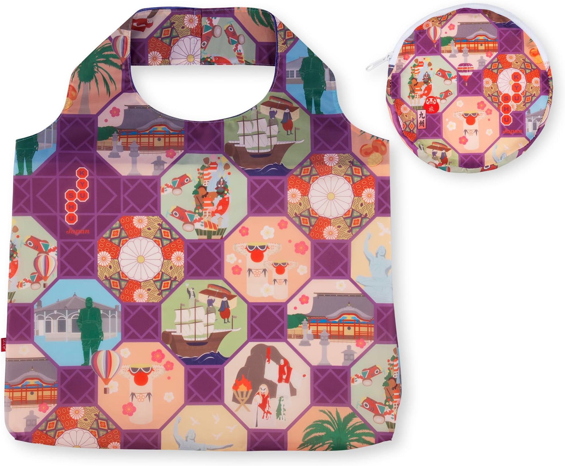 NORENJapanese Reusable Bag (JAPONORAMA), Shopping Bag, Tote Bag, Large Capacity, Folding, Compact, with Storage Case, Colorful Bag, Kyushu, One size