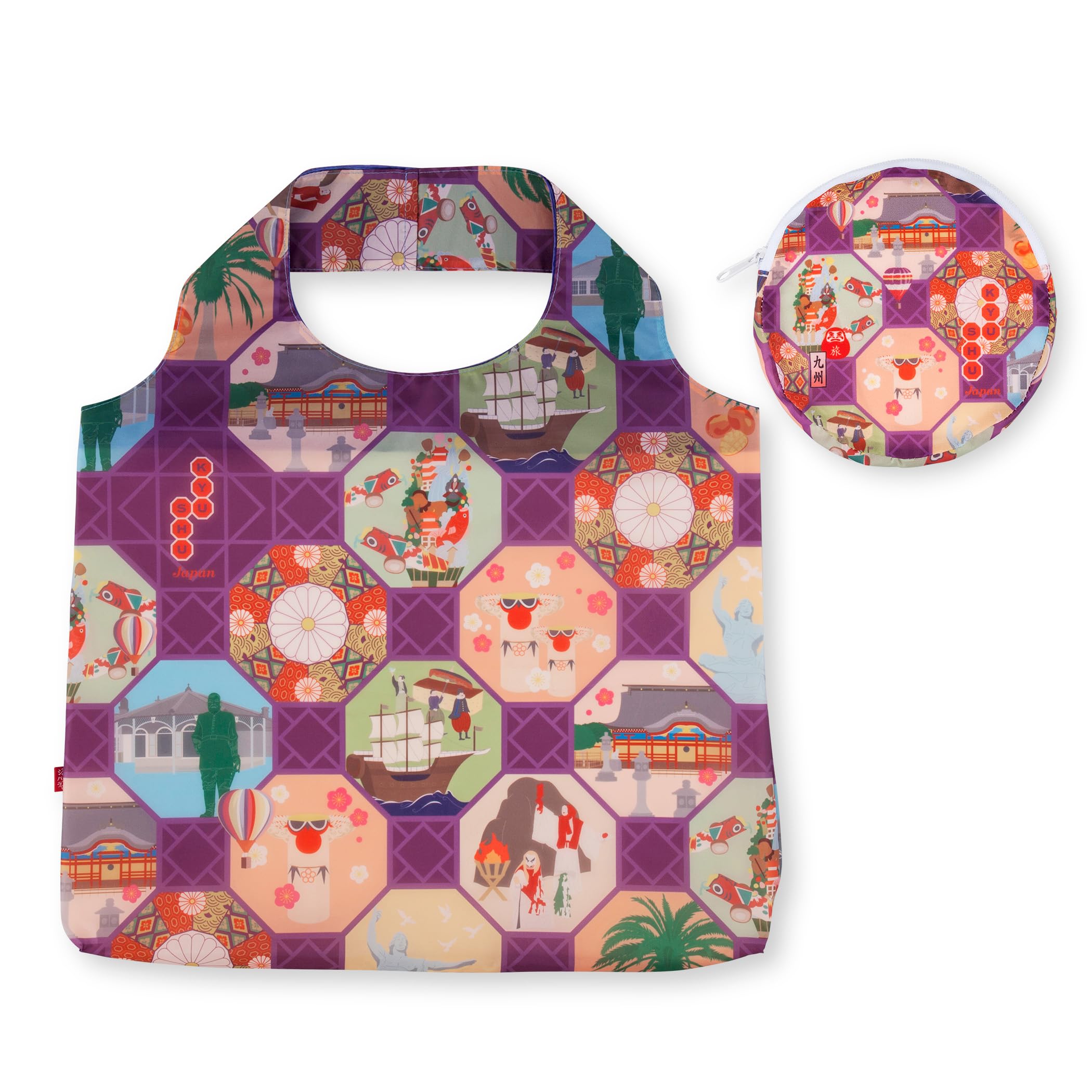 NORENJapanese Reusable Bag (JAPONORAMA), Shopping Bag, Tote Bag, Large Capacity, Folding, Compact, with Storage Case, Colorful Bag, Kyushu, One size