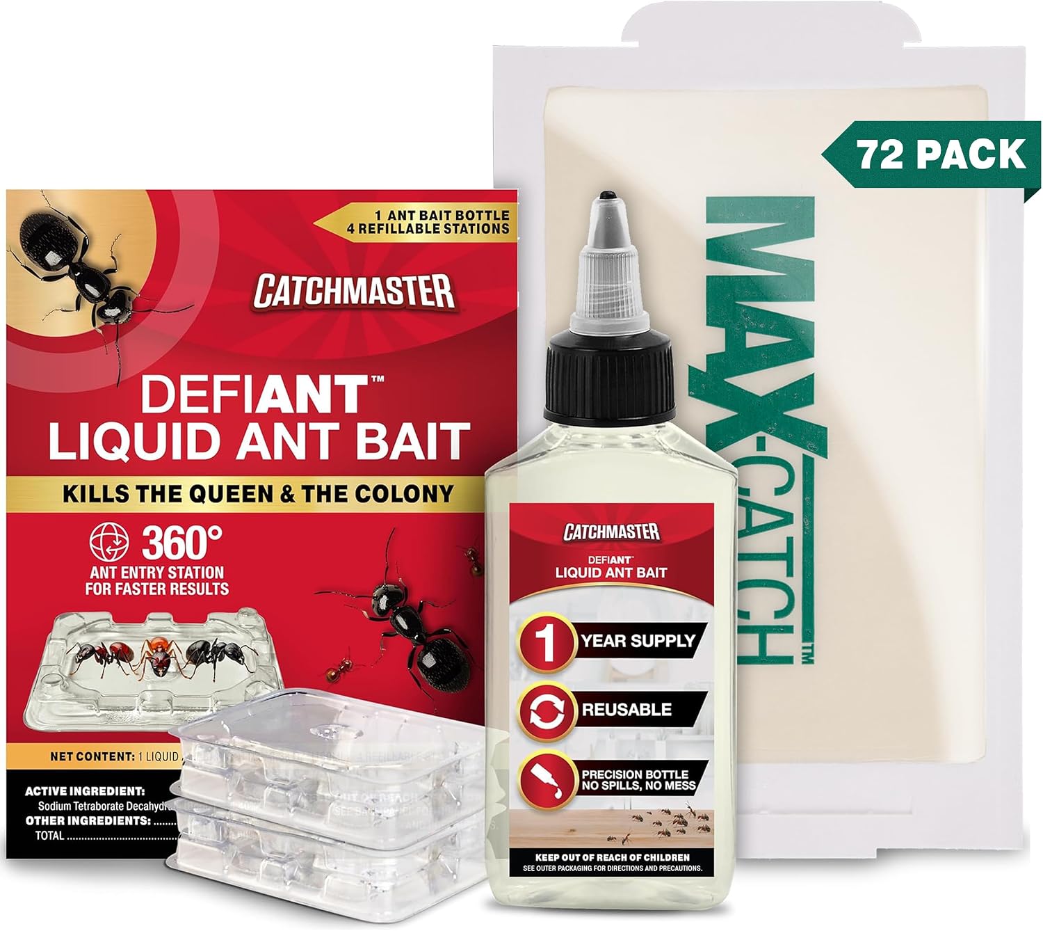 Catchmaster Max-Catch Mouse and Insect Glue Trap 72PK, Unscented for Indoor Use & 1-Year Supply of Defiant Premium Liquid Ant Killer with Reusable Ant Traps for Indoor and Outdoor Use