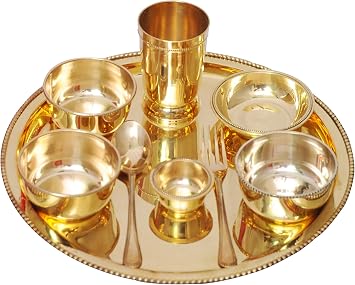 PARIJAT HANDICRAFT Indian dinnerware brass traditional dinner set of thali plate, bowls, glass and spoon beautifully handcrafted tableware for gift Dinnerware-Set02