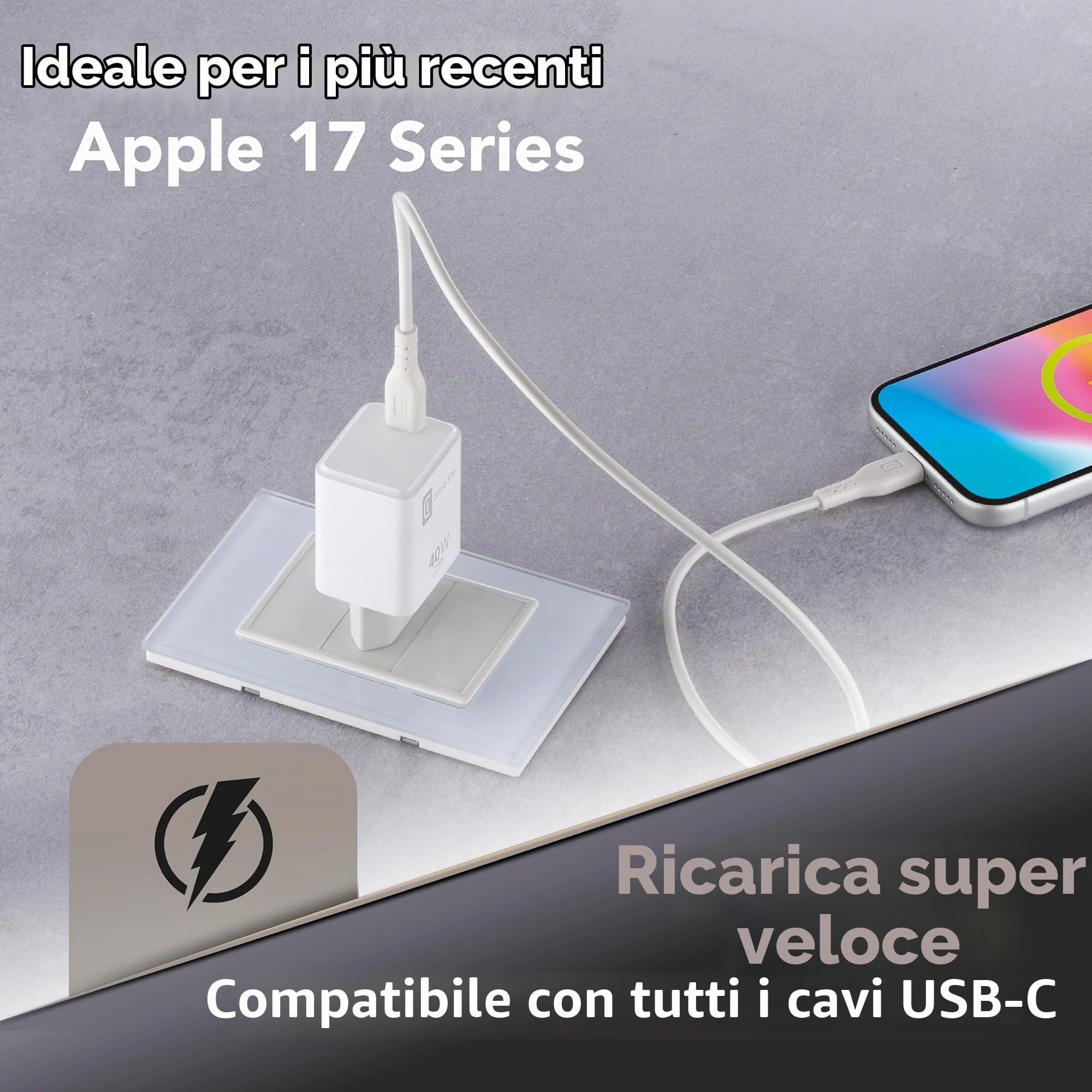 Cellularline Caricabatterie USB-C 40W PD - Ricarica Rapida per iPhone Serie 17, iPad Pro 2025, MacBook - Bianco