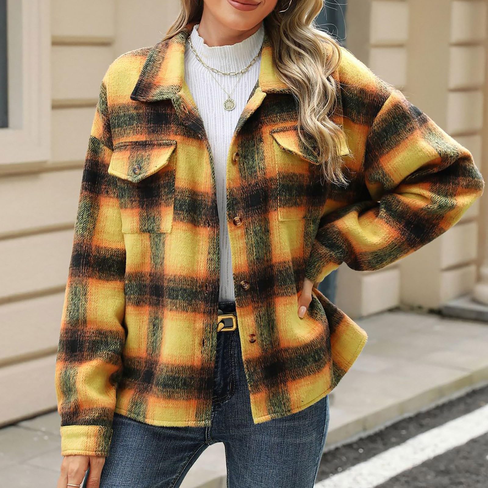 Übergangsjacke Damen Kurzmantel Outdoor Jacken Für Damen Karierter Druck Mantel Elegant Sportliche Damenjacken Softshell Mantel Strickjacke Blazer Elegant Trachtenjacke Winddicht Leichte Jack
