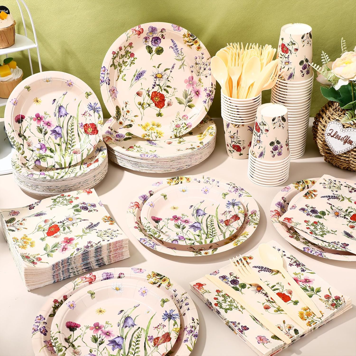 400 Pcs Wild Floral Disposable Paper Plates Napkins Cups Serve 50 Watercolor Floral Tableware Set for Spring Wedding Tea Party Decoration Bridal Shower Baby Shower (Fresh Color,Vivid Style) Fresh Color Vivid Style image 6 of 6 B0D73PJ3PN