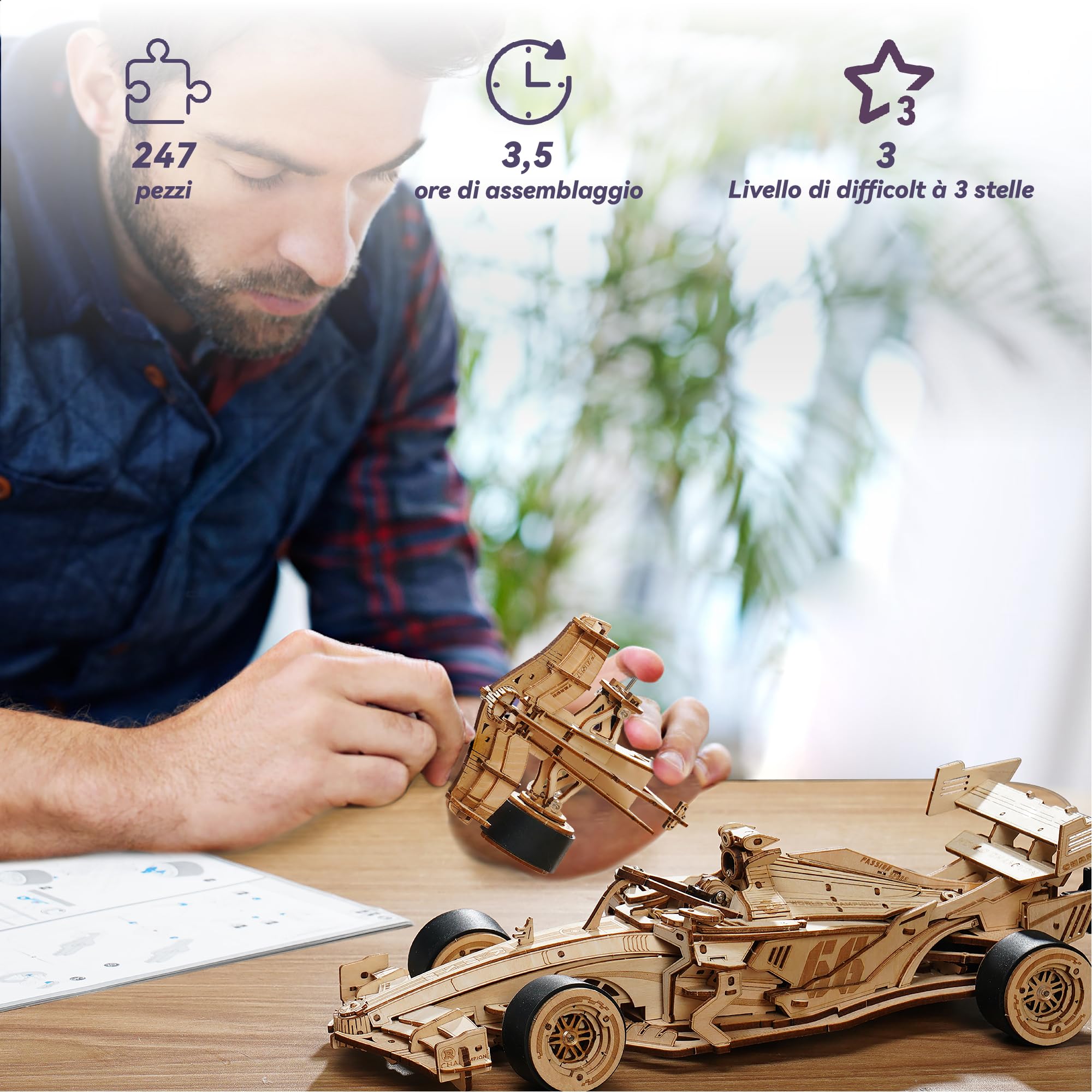 ROWOOD Kit di modelli di auto da corsa in legno per adulti e ragazzi da costruire, puzzle in legno 3D, kit di costruzione di modelli di veicoli, kit di artigianato fai da te, regalo creativo per lui