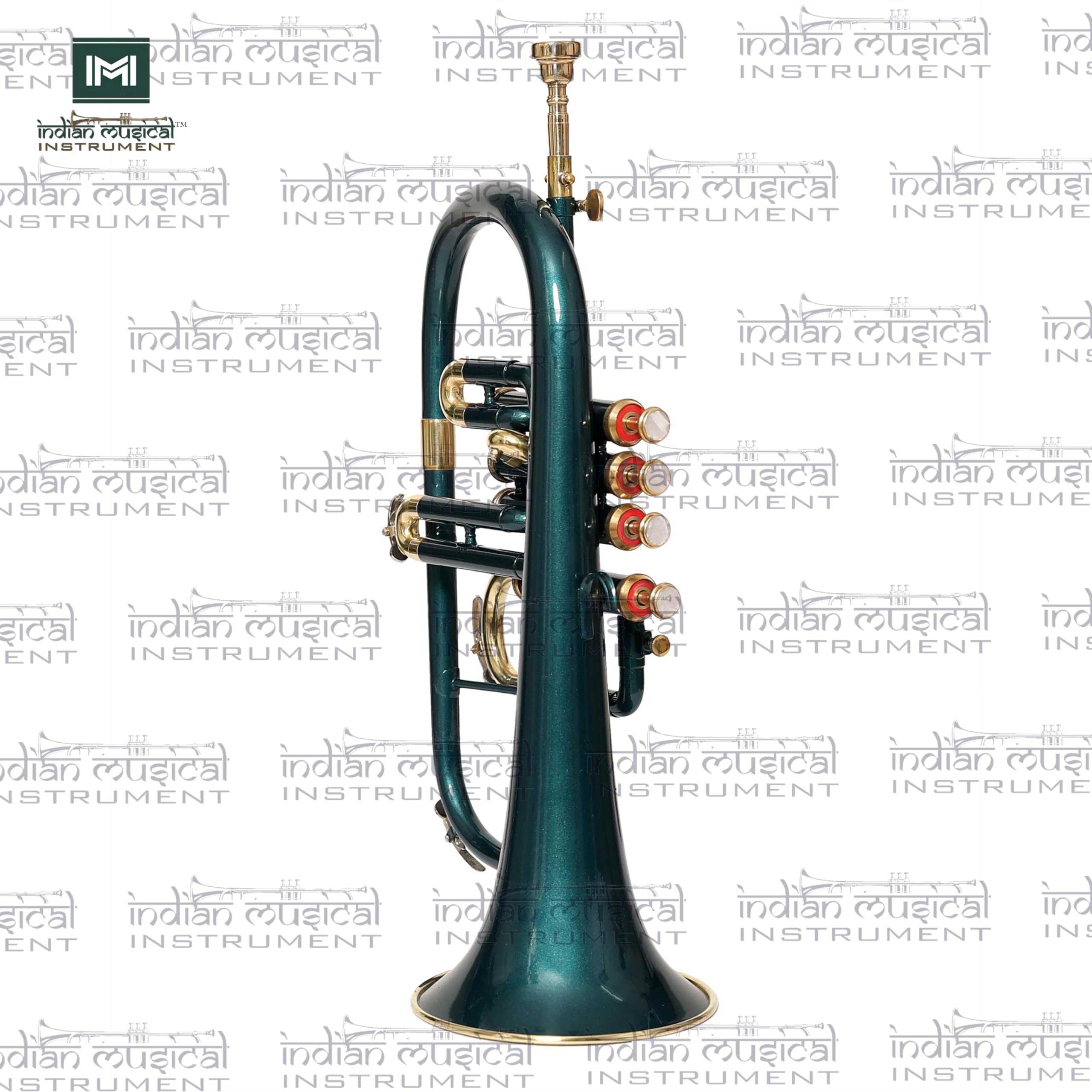 Instrumento musical indio Flugel cuerno 4 válvulas BB Pitch Premium latón calidad con funda de transporte y boquilla, guantes (oro verde)