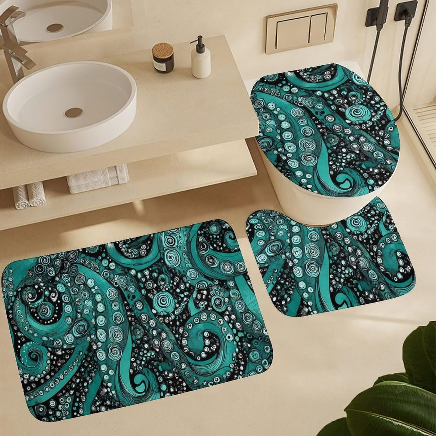 Swirling Octopus Tentacles Bathroom Sets with Shower Curtain and Rugs 4 Piece with U-Shaped Floor Mat Toilet Lid Cover