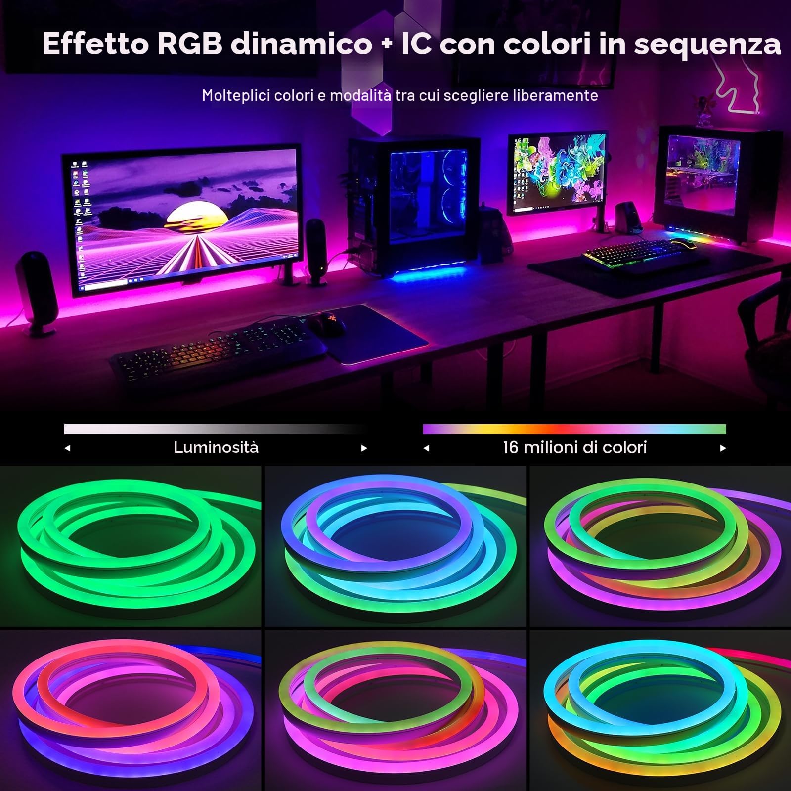 LUXONIC 5M Strisica LED Neon, RGBIC, 24V Silicone Neon Luci LED Flessibile Bluetooth con APP e Telecomando, impermeabile, Sincronizzazione Musicale, Decorazione Esterna/Interna del partito, Festa
