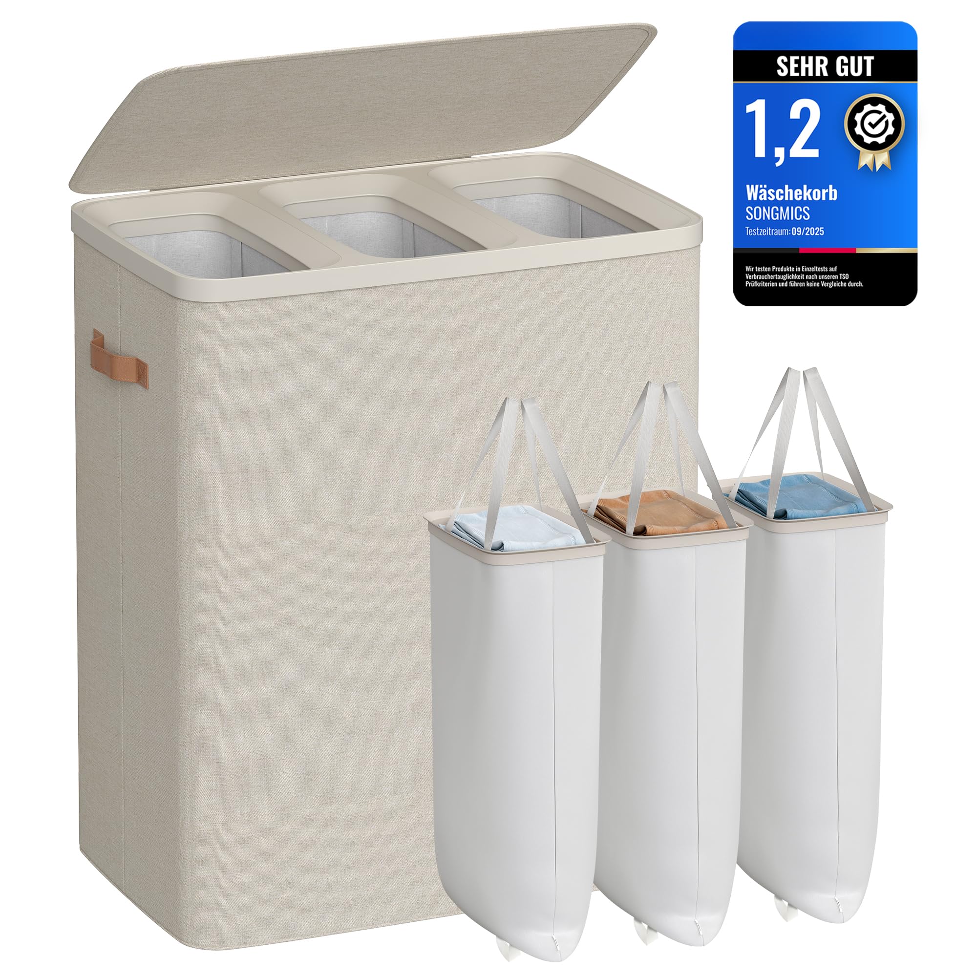 SONGMICS Wäschekorb, 190 L Wäschesammler 3 Fächer, Wäschesortierer, leichter Aufbau, mit Deckel und Griffen, herausnehmbarer Wäschesack, 64 x 40 x 75 cm, cappuccinobeige LCB814LH01