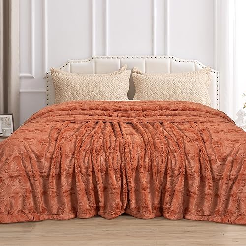 Miniatura 1 de TOONOW Manta de lujo de piel sintética, de doble cara, suave, esponjosa, mullida y mullida para sofá o cama (cornalina, tamaño individual extra