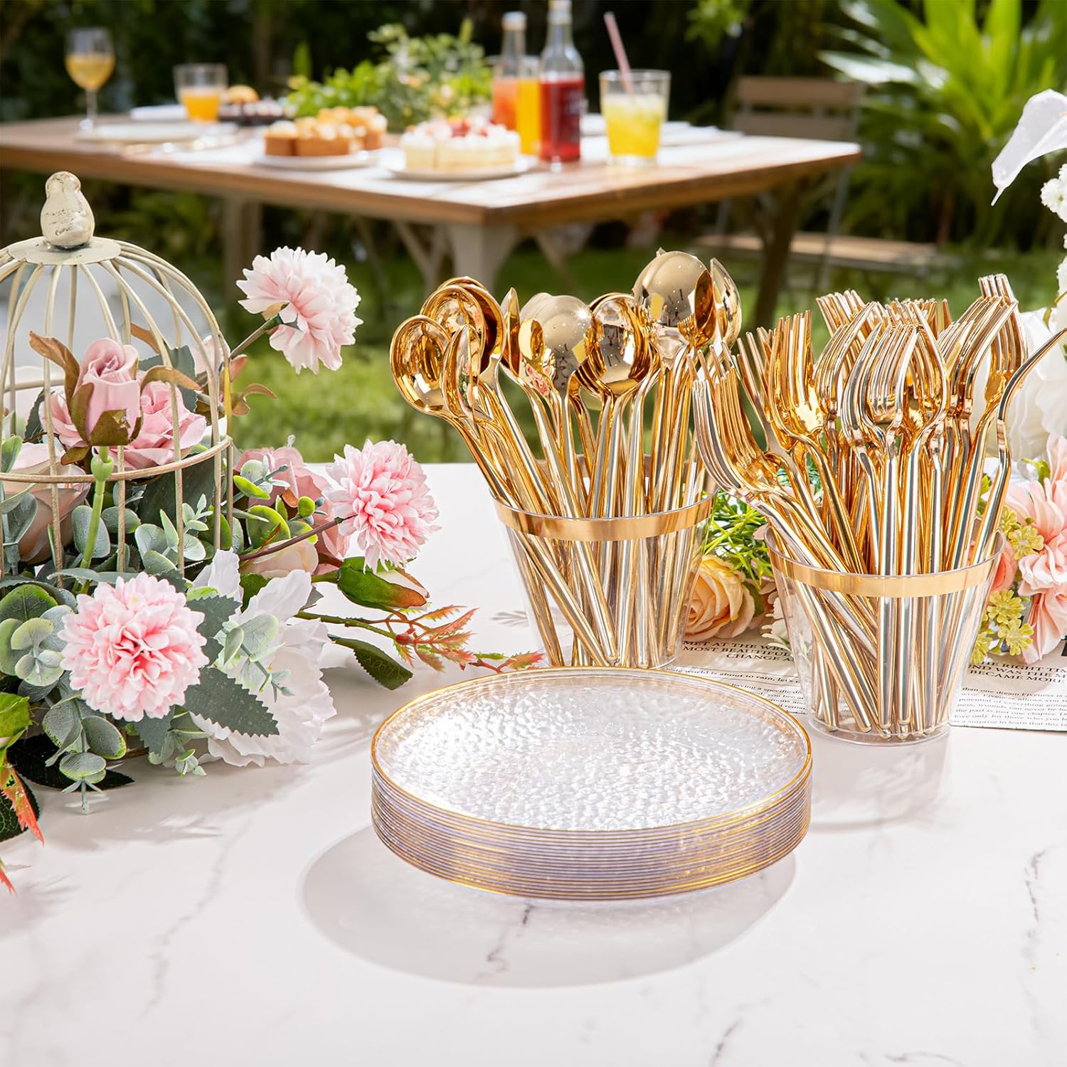 Rubtlamp 100 Pack Clear Gold Plastic Dessert Plates, 6Inch Clear Gold Small Appetizer Plates With Hammered, Heavy Duty Disposable Salad Plate, Elegant Cake Platos for Wedding, Birthday, Teatime - Image 5