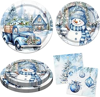 Winter Plates and Napkins, Blue Snowman Paper Plates and Napkins for Christmas, Xmas Holiday