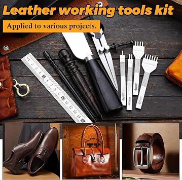 Leather Working Tools Kit Includes Cutting Knife, Edge Burnisher, 1/2/4/6 Stitching Punch, Leather Compass Geometry Tool and Steel Ruler for DIY Leathercraft DIY Projects