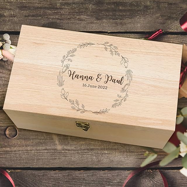 EDSG Personalised Wedding Memory Boxes Keepsake Engraved Beech Wood Box Wedding Large Memory Heavy Beech Box for Newlywed Bride Groom Bridesmaid Groomsman Best Man Wedding Gift for Couples (Design 1)