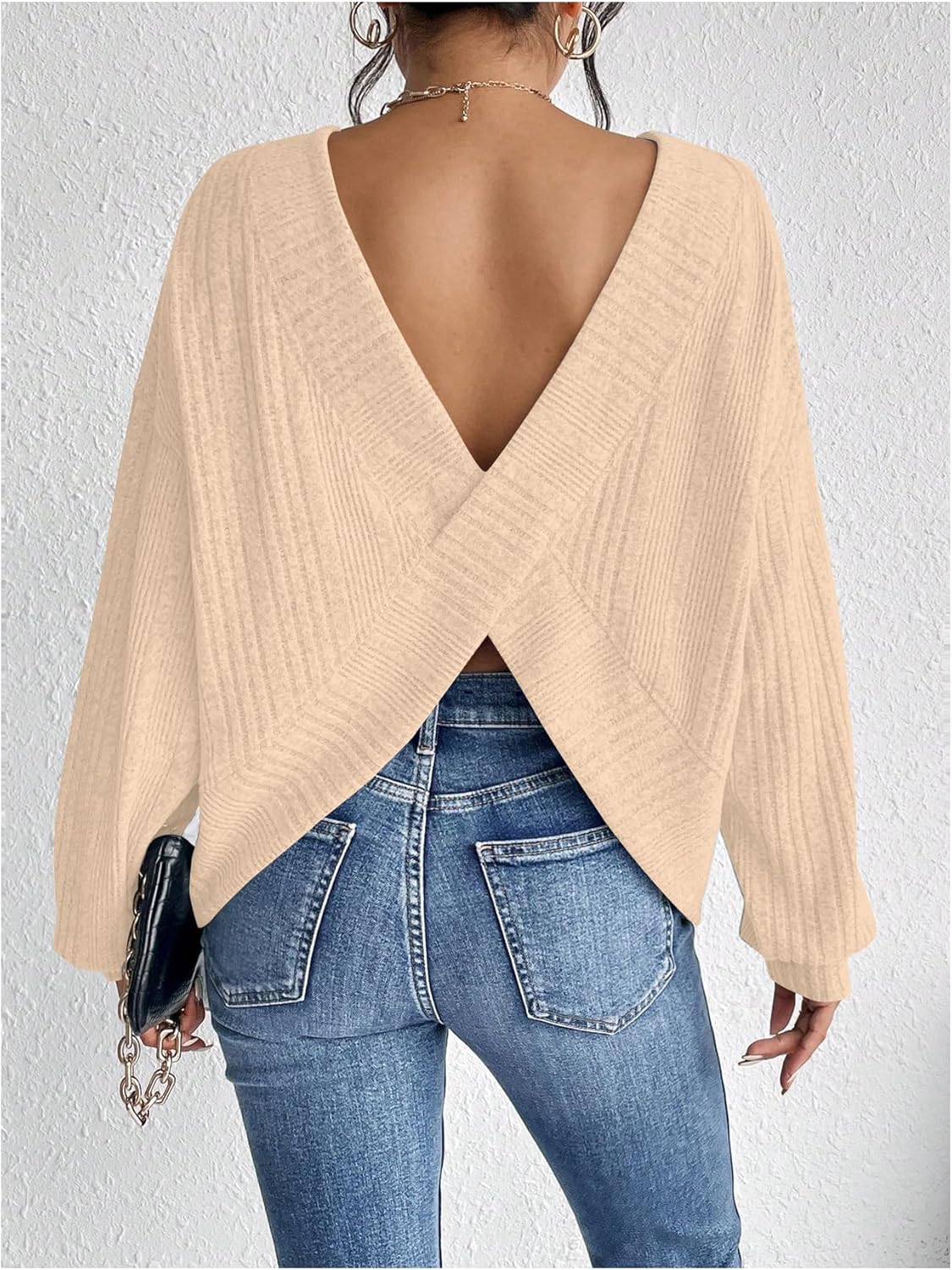 SweatyRocks Women's Criss Cross Round Neck Pullover Sweaters Long Sleeve Loose Cut Out Back Knit Tee Tops Backless Shirts - Image 6