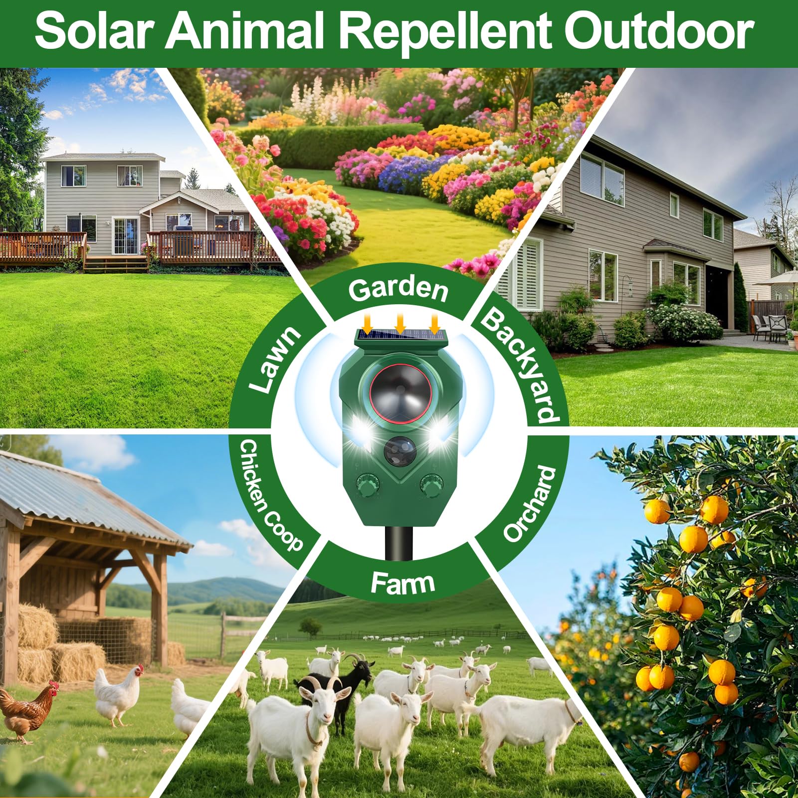 Solar-Tierabwehr, Ultraschall-Katzenabwehrmittel für den Außenbereich mit Bewegungssensor, wasserdicht, Kaninchenschreck mit Blinklicht, für Hund, Maus, Eichhörnchen, Waschbär, Stinktier, Hirsch für