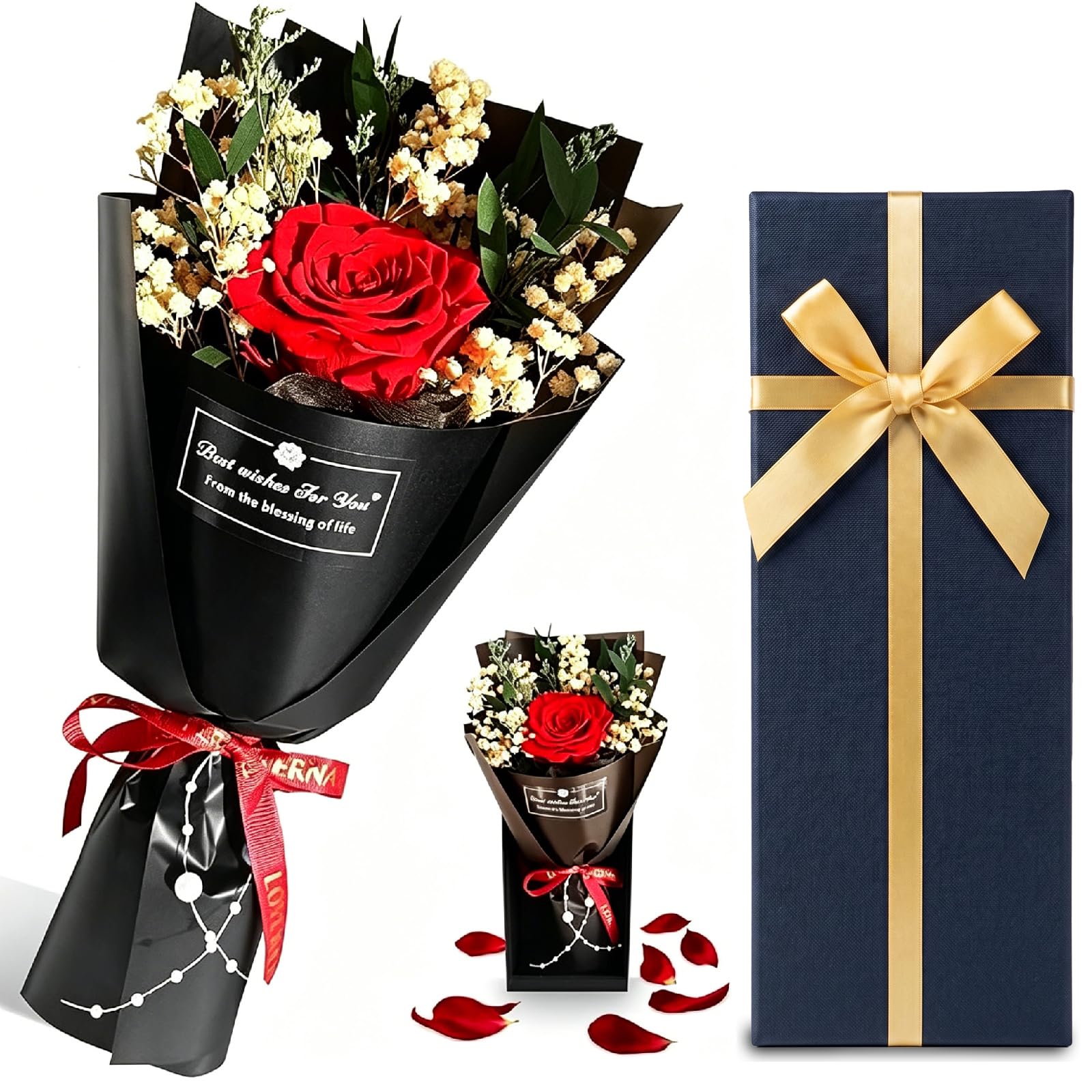 Real Forever Flower Roses for Delivery Prime – Preserved Red Rose in Gift Box with Baby‘s Breath, Pearls & Greeting Card – Valentine’s Day Gift for Women Girlfriend Mother Wife Anniversary