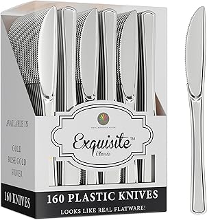 Exquisite 160 Pack Silver Plastic Knives Heavy Duty - Silver Disposable Silverware - Silver Plastic Silverware - Silver Knives Disposable Plastic Cutlery - For Catering, Parties, Weddings & More