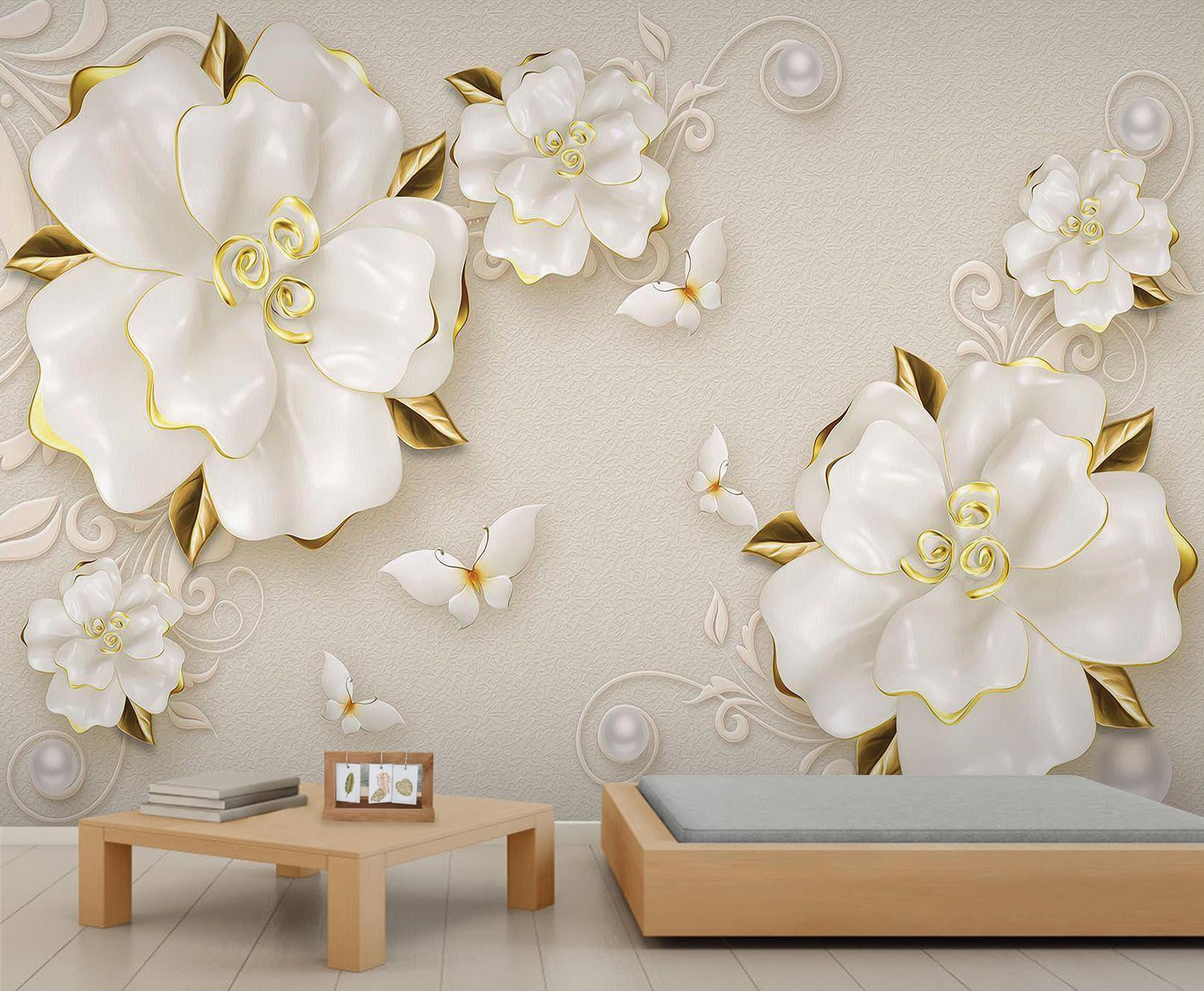 Papier peint 3D fleurs blanches au style nordique épuré et impression HD 430x300cm