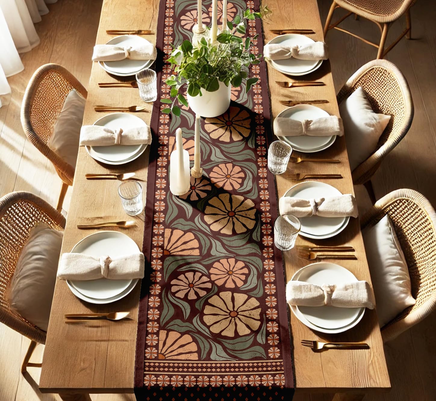 Handcrafted Double Layer Cotton Table Runner - Vargottam Fabric Table Linen with Border - Machine Washable, Stylish Runner for Dining & Console Tables - Floral