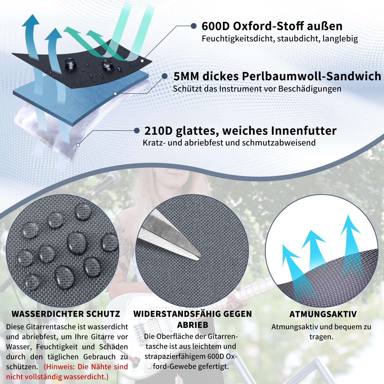 OUUTMEE 41 Zoll Tasche für E-Gitarre 104 x 40 x 7 cm Gitarrentasche Verstellbare Schultergu 5 mm Perlenwattepad 600D Oxford-Tuch，Grau