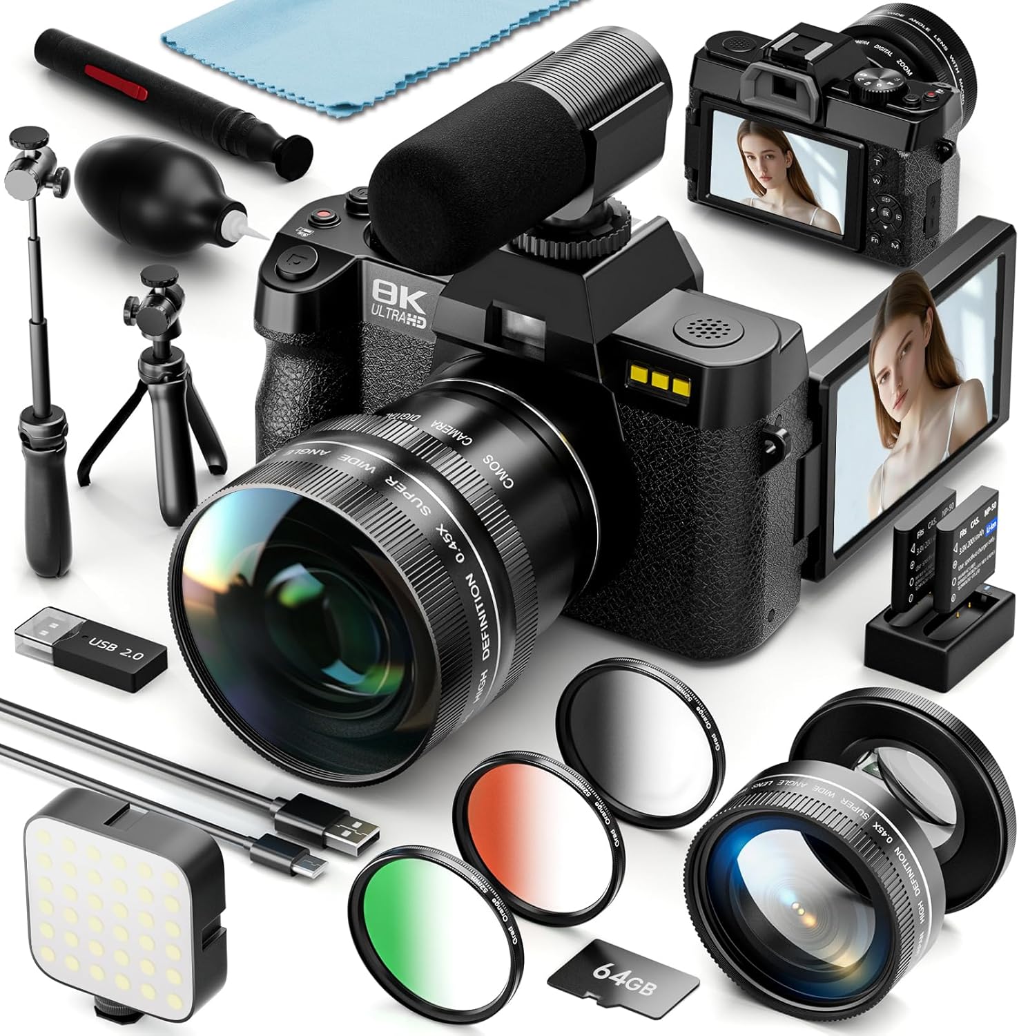 8K Digital Cameras for Photography, 64MP Vlogging Camera with 180°Flip Screen，2 Batteries, 64GB TF Card，16X Zoom, WiFi, 3 Color Filters,Microphone, Tripod, Wide & Macro Lens Kit (Black)