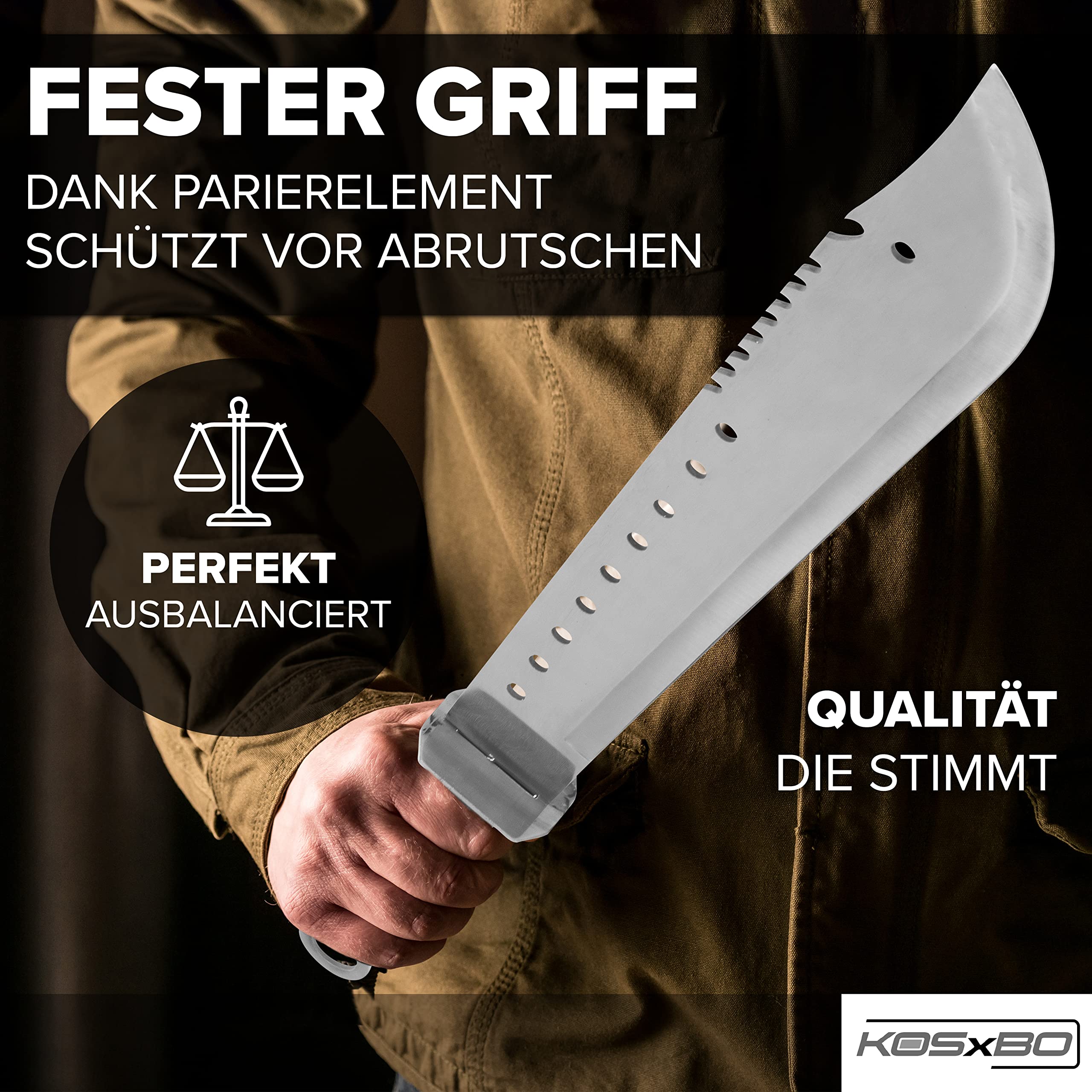 KOSxBO XXL SET Machete Survival 69 cm incl. Wurfmesser im FULL TANG Blade Style Zombie Dead Hunter Macheten Buschmesser aus Edelstahl, silber edelstahl rot holz braun